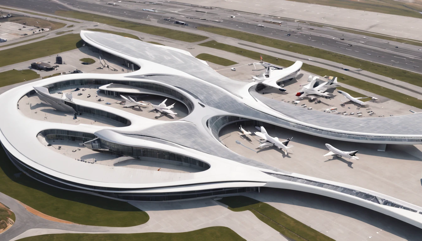 an aerial view of a large airport with a lot of airplanes, no futuro telhado do aeroporto, Directed by: Zha Shibiao, aeroporto, Zaha Hadid Arquitetura, arquitetura de estilo zaha hadid, inspirado em Zha Shibiao, Pequim, Tilt Shift Zaha Hadid Fundo, no estilo de zaha hadid arquiteto, por zaha hadid, spaceport, artistic rendering, inspirado em Zaha Hadid