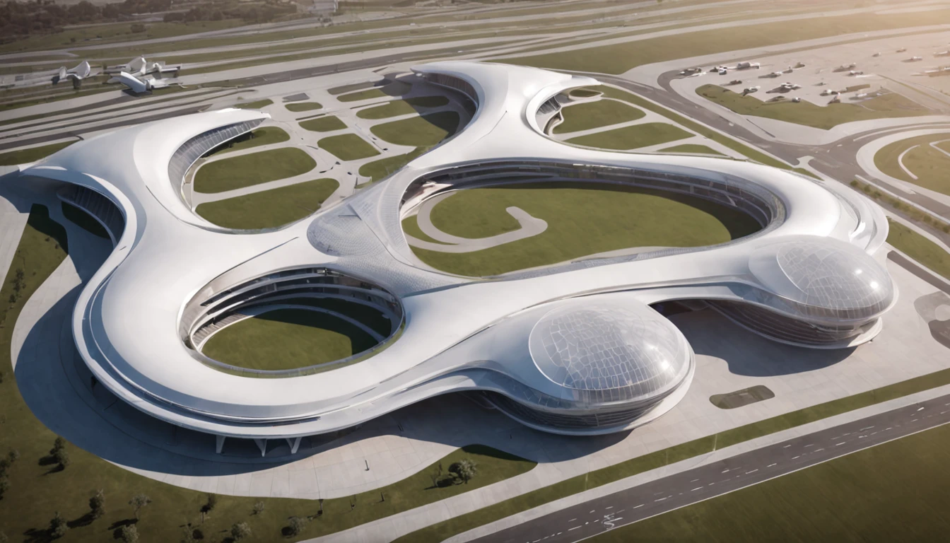 an aerial view of a large airport with a lot of airplanes, no futuro telhado do aeroporto, Directed by: Zha Shibiao, aeroporto, Zaha Hadid Arquitetura, arquitetura de estilo zaha hadid, inspirado em Zha Shibiao, Pequim, Tilt Shift Zaha Hadid Fundo, no estilo de zaha hadid arquiteto, por zaha hadid, spaceport, artistic rendering, inspirado em Zaha Hadid