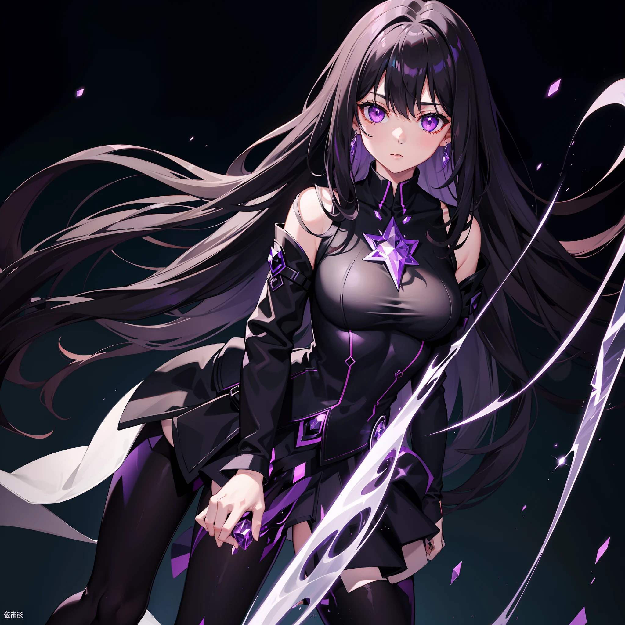 Physical characteristics: Hair: Long, shiny black, reaching to the middle of the back. I often let my hair spread out. Eyes: Deep purple, sparkling like stars on a dark night. Skin: Pale white but with a mysterious glow. Height: 170 centimeters Attire: Wears dark black robes decorated with ancient magic symbols. and wore black leather gloves weapon: Shadowblade: A long sword that glows with black light that can drain life from enemies and increase Miranda's power