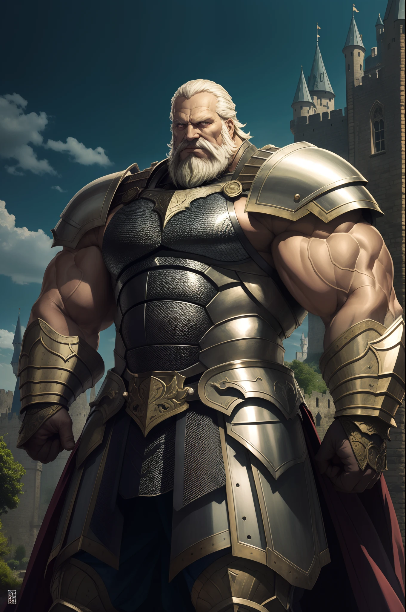 old man knight, armored, castle background, muscular, wearing armor