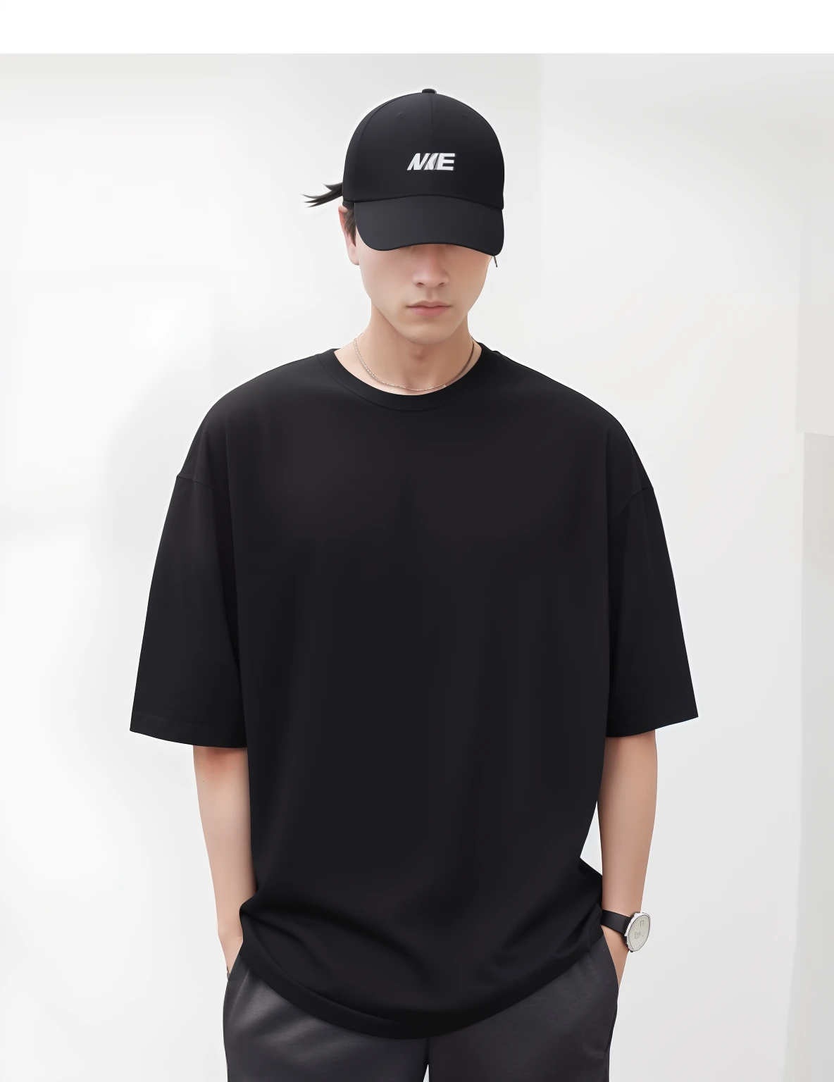 Arafeld men in black shirts and black hats stand in the street, h 7 0 4, he is wearing a black t-shirt, Wearing a black T-shirt, Wearing a black T-shirt, from 8 k matte, Wearing a black T-shirt, Street attire, black t-shirts, h 7 6 8, H 768, Short sleeves, casual streetwear, H 576