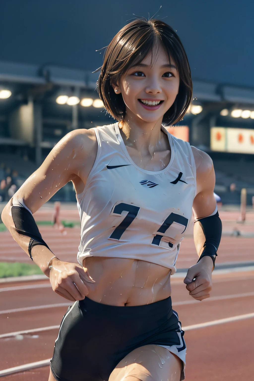 ((beatiful japanse girl:1.3)) ((wearing Track and Field Uniforms:1.4)) ((track-and-field arena:1.3)) ,((wet body:1.4))  ((thin_fabric:1.4))  ((large breasts:1.2)) ((close-up:1.2)) best quality,masterpiece,ultra high res,(photorealistic:1.4),raw photo,(Authentic skin texture:1.3),(film grain:1.3),panorama,character portrait,very wide shot,narrow waist,cowboy shot,(in the dark, deep shadow, low key, cold light,) night,(()),streaming tears,,dust,Tyndall effect,(expression),1girl,beautiful detailed eyes and face,white jabot,brown eyes,((brown hair:1.2)) ((full body:1.3)) ((flat stomach:1.3)) ((bob cut:1.2)) ((running:1.4)) ((smile:1.2))