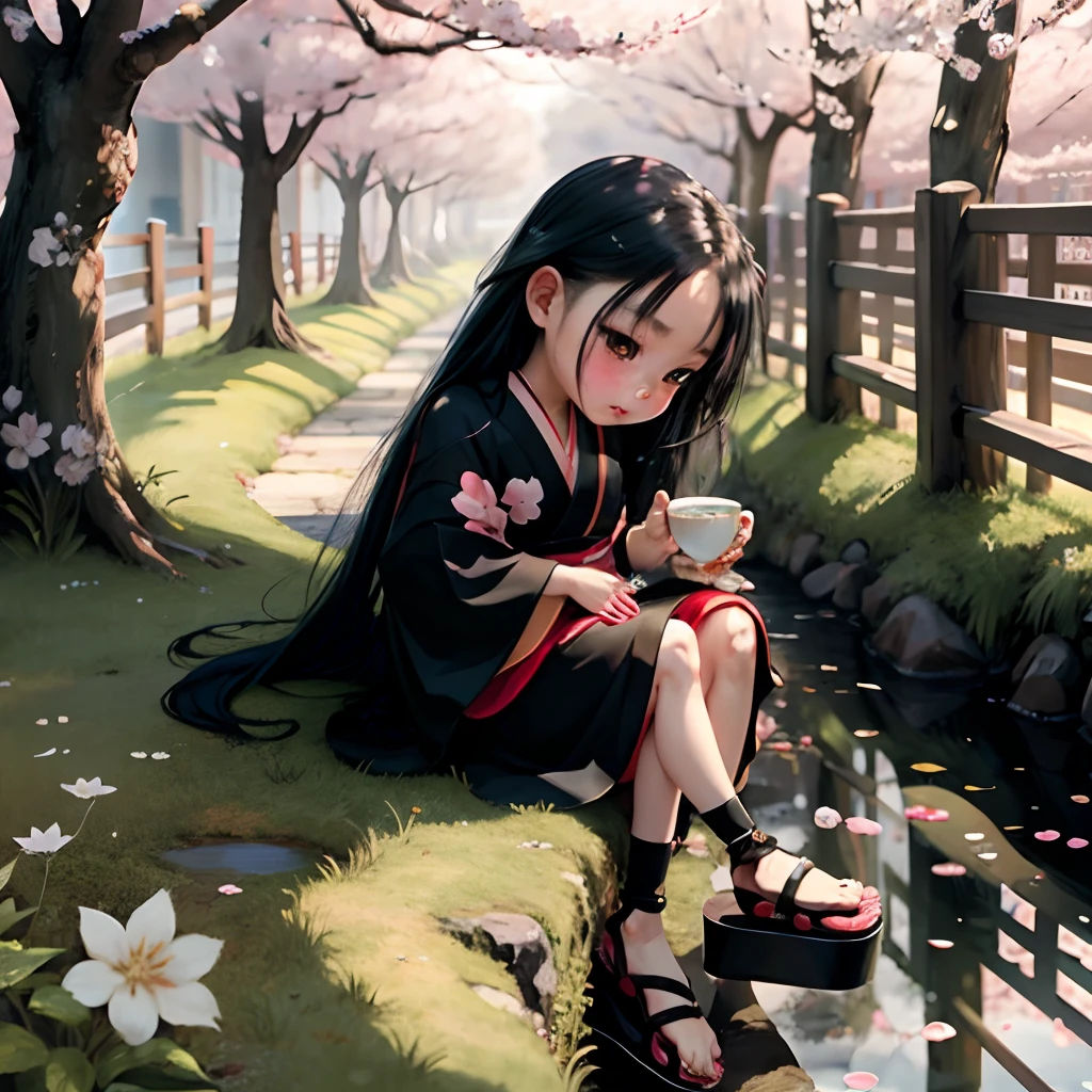 Cute light skinned  chibi anime, black kimono, drink tea, straight long black hair, in a frame, drink hot tea, cherry blossom, logo, black thick platform sandals