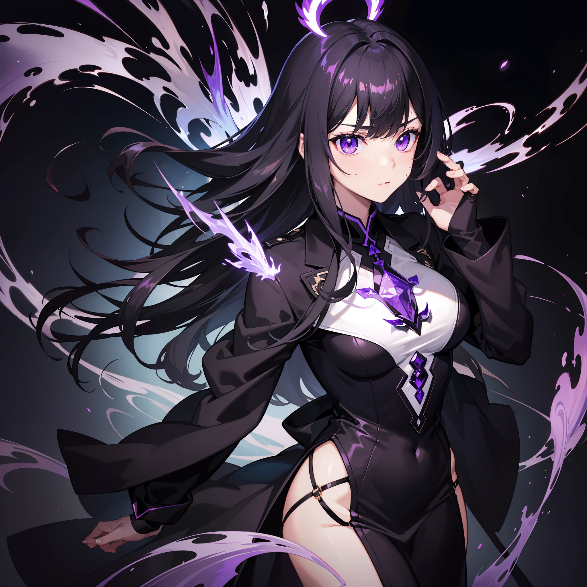 "A stylish anime character with medium-length, straight purple hair. They are wearing a dark purple and black suit with a purple shirt and plaid pants. The character is making a 'shush' gesture with one finger over their lips, wearing a monocle with a gear-shaped design. In the background, there is a dark camouflage pattern. The character gives off a calm and mysterious vibe, with a tactical sword strapped to their back."