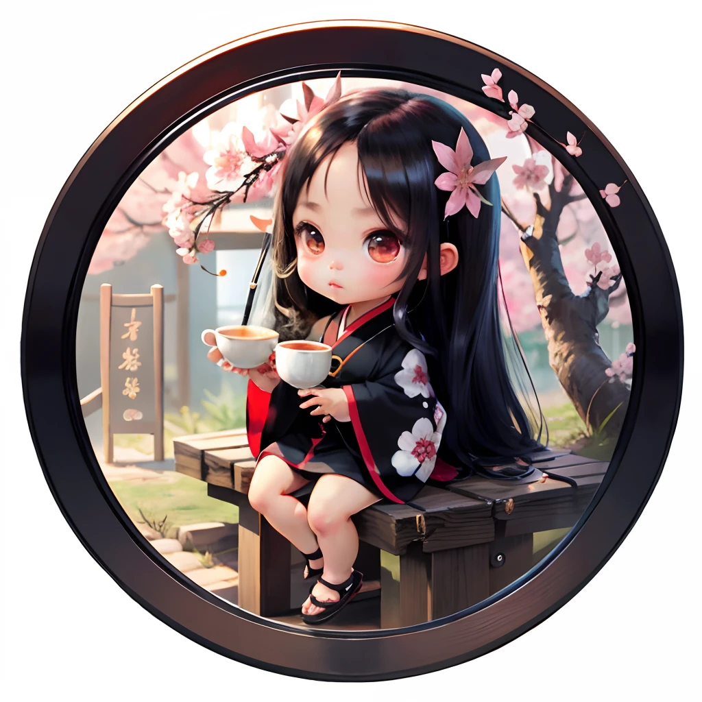 Cute light skinned baby chibi anime, black kimono, drink tea, straight long black hair, in a frame, drink hot tea, cherry blossom, logo, black thick platform sandals