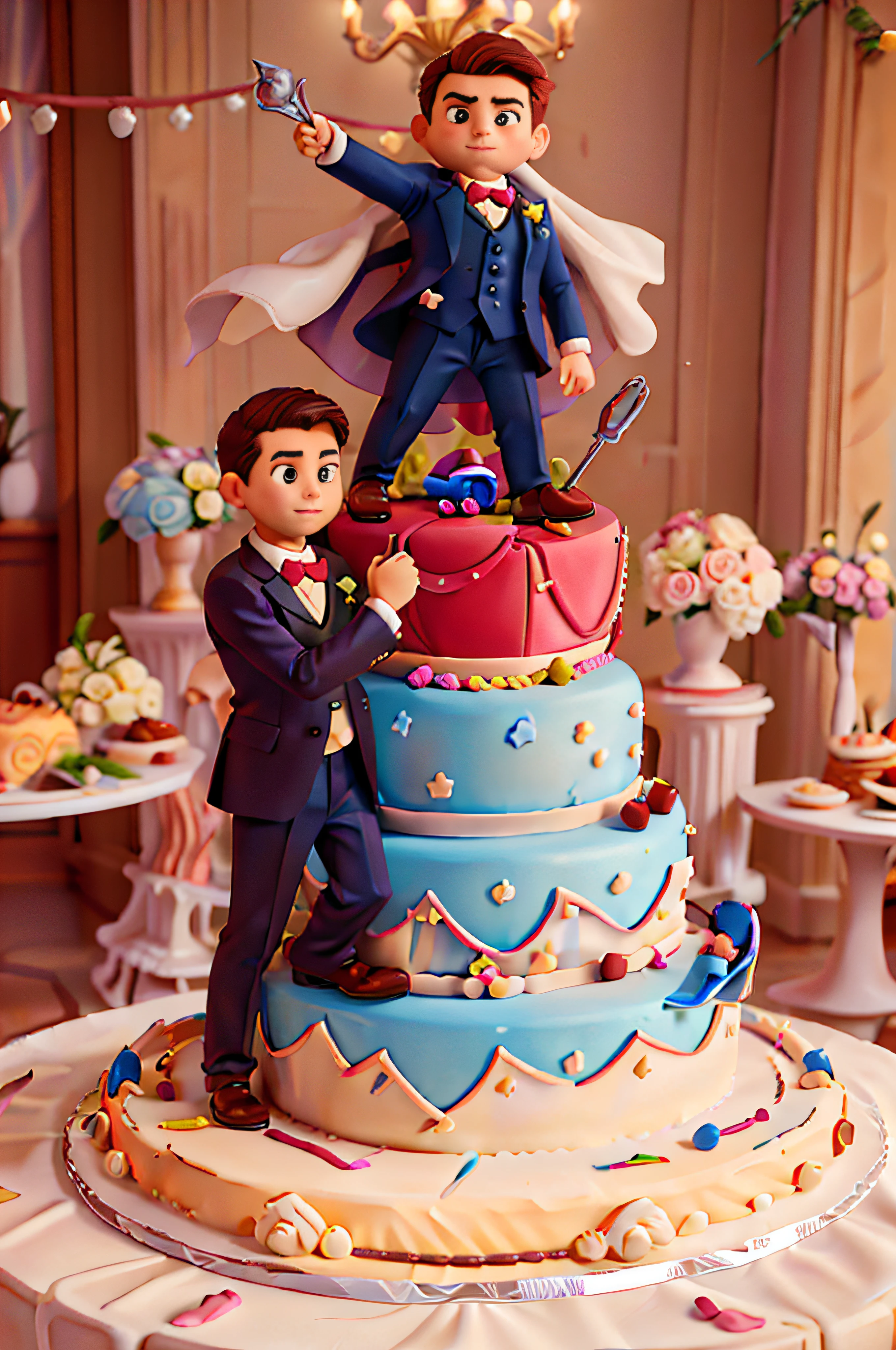 Wedding cake shape, (Cake style:1.2), (Masterpiece, Best quality), (2 boys in suits: 1) Stand on the cake, full bodyesbian