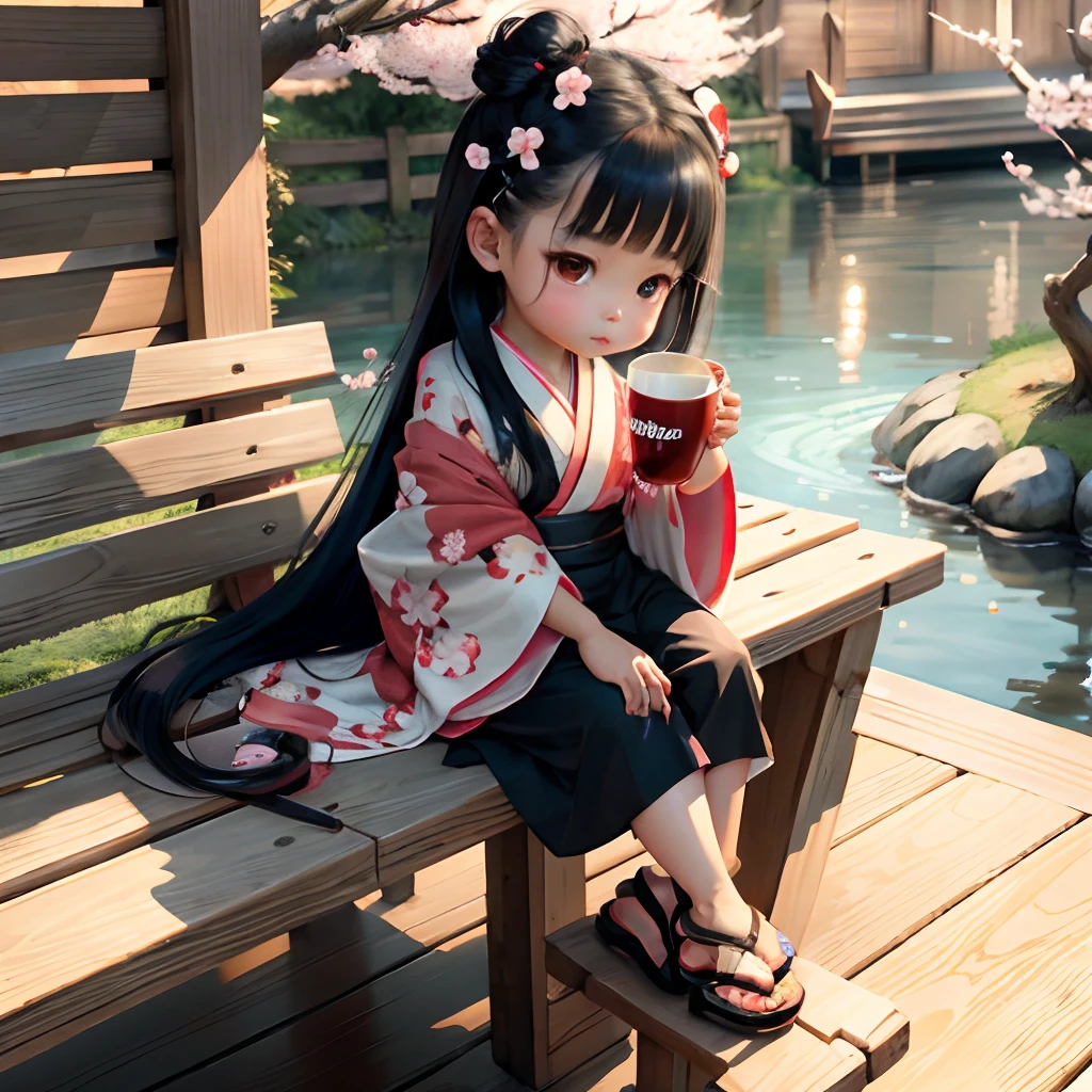 Cute light skinned baby chibi anime, black kimono, drink tea, straight long black hair, in a frame, drink hot tea, cherry blossom, logo, black thick platform sandals