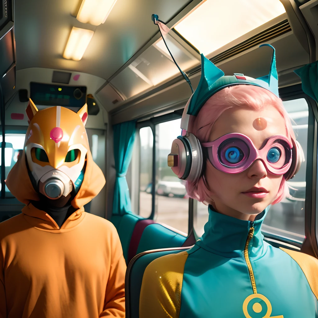 Woman with pink hair and bulging eyes in front and a man wearing masks on his head and wearing headphones, Beeple e Jeremias Ketner, Beeple e Jean Giraud, Beeple e Greg Rutkowski, medium shot of two characters, inspirado em Chris LaBrooy, ano 3 0 0 0, Ano 3000, movie still of the alien girl, Beeple e Mike Winkelmann