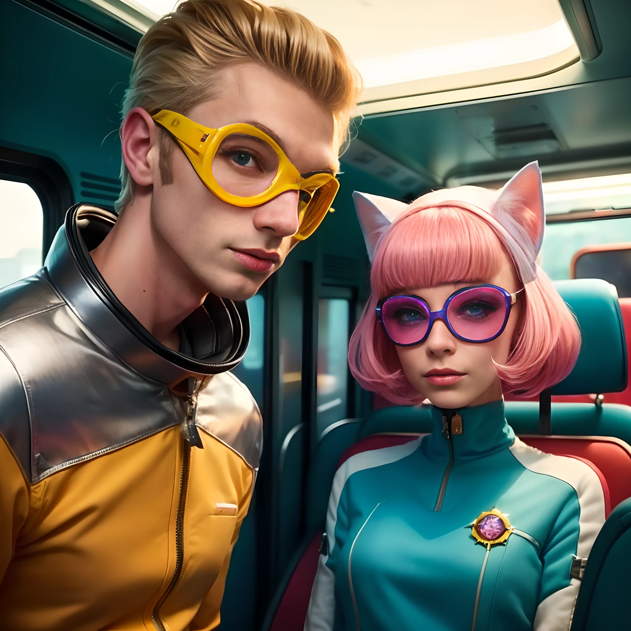 A blonde man and a woman with pink hair are costumed on a bus with a cat, Beeple e Jeremias Ketner, Beeple e Jean Giraud, Beeple e Tim Hildebrandt, Beeple e Greg Rutkowski, Beeple and Maurice Winkelmann, Directed by: Maurice Winkelmann, em estilo de bipe, Alex Grosso
