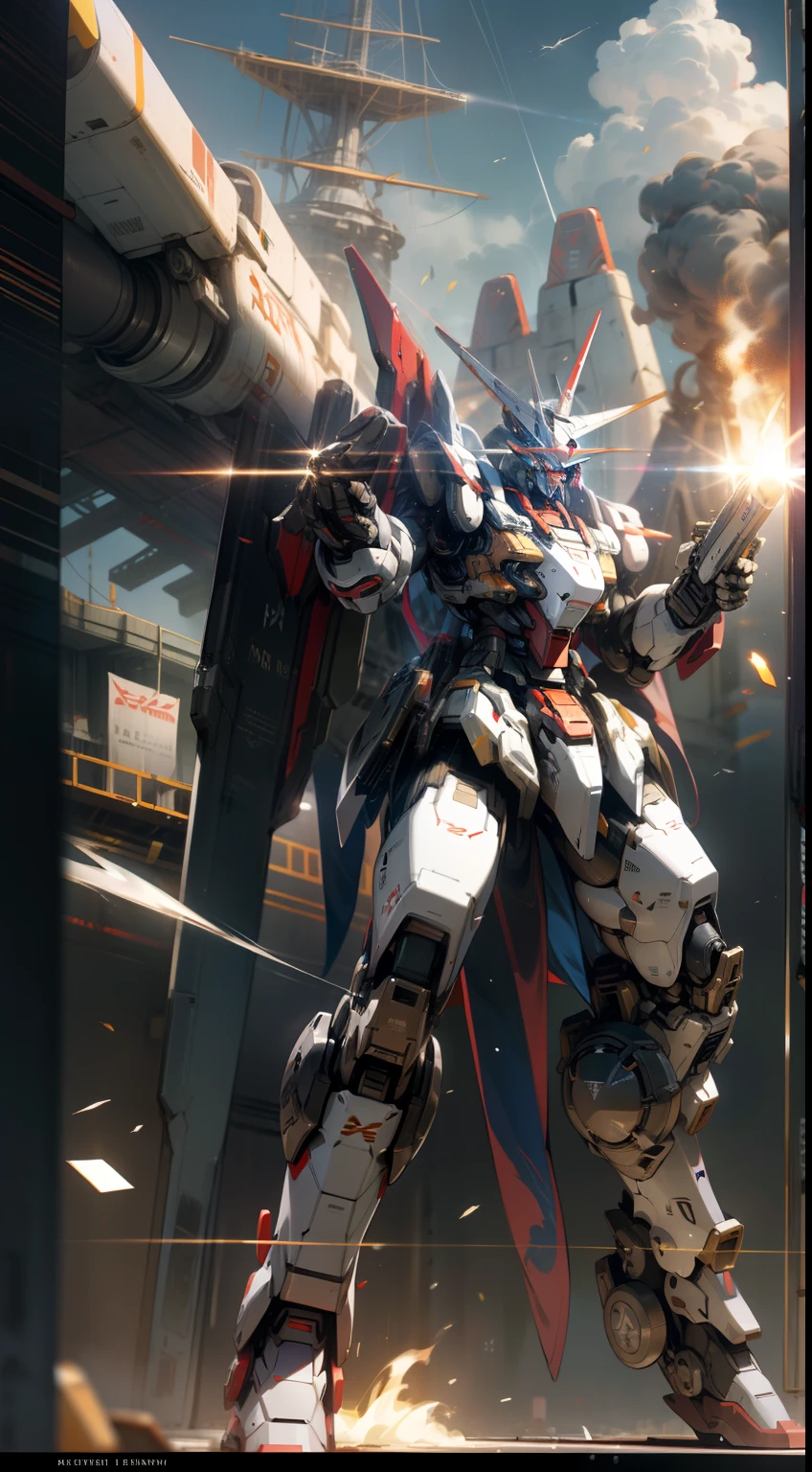 Surrealism, Ray Tracing, Photorealistic, UHD, High Detail, 32k, Best Quality, Textured Skin, Gundam Mecha, Flight, Funnel, Mecha Ship, Masterpiece, Best Quality, Mecha, Unmanned, (Full Body), (Black Mecha: 1.8), (Axisymmetric: 1.4), (HDR), (Movie Light: 1.1), White Eyes, Cool, Science Fiction, Fire, Universe, oversized shield, mecha man overlooking the background of the earth, with laser cannon beams, wars, conflicts, weapons in hand (has a huge weapon: 1.5),
