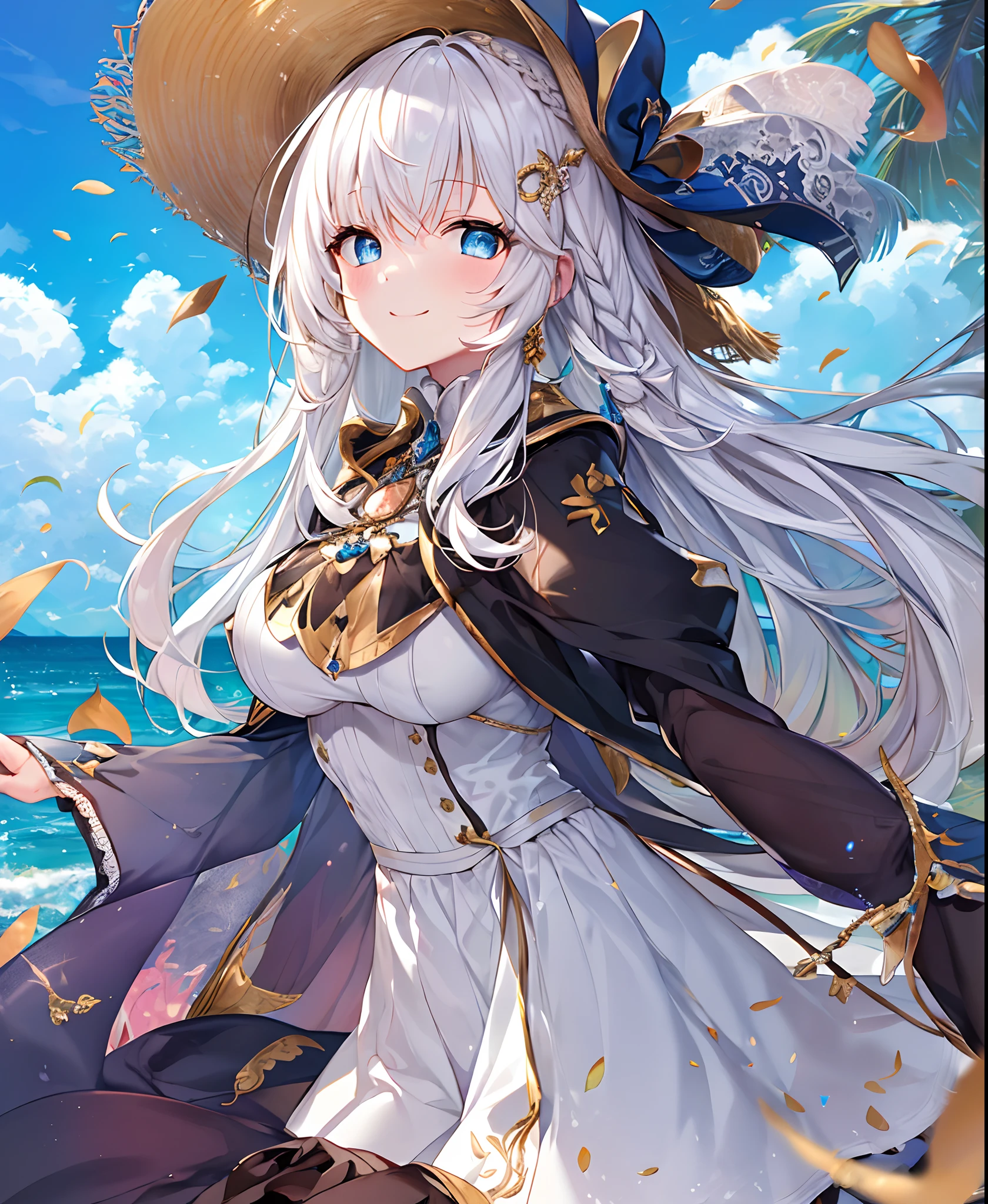 ((Best quality, Masterpiece)), White hair, Blue eyes, 1 girl, Small incisions, Braid, White dress, Sea, Road, hair adornments, ribbon on hair, Blue sky, Smile，long whitr hair，Large breasts