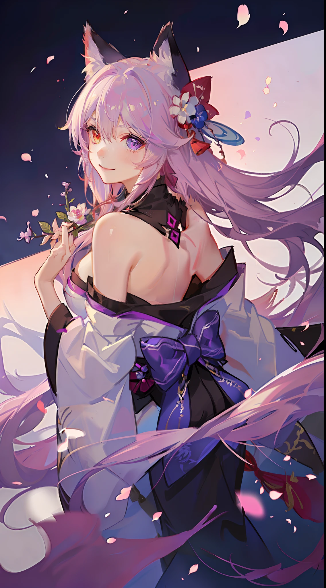 Mature girl, purple eyes, blue-white hair color, floating hair, delicate and flexible eyes, intricate damask hanfu, gorgeous accessories, wearing pearl earrings, fov, f/1.8, masterpiece, ancient Chinese architecture, blue sky, flower petals flying, front portrait shot, Chang'e, side lighting, sunlight on people, 8K