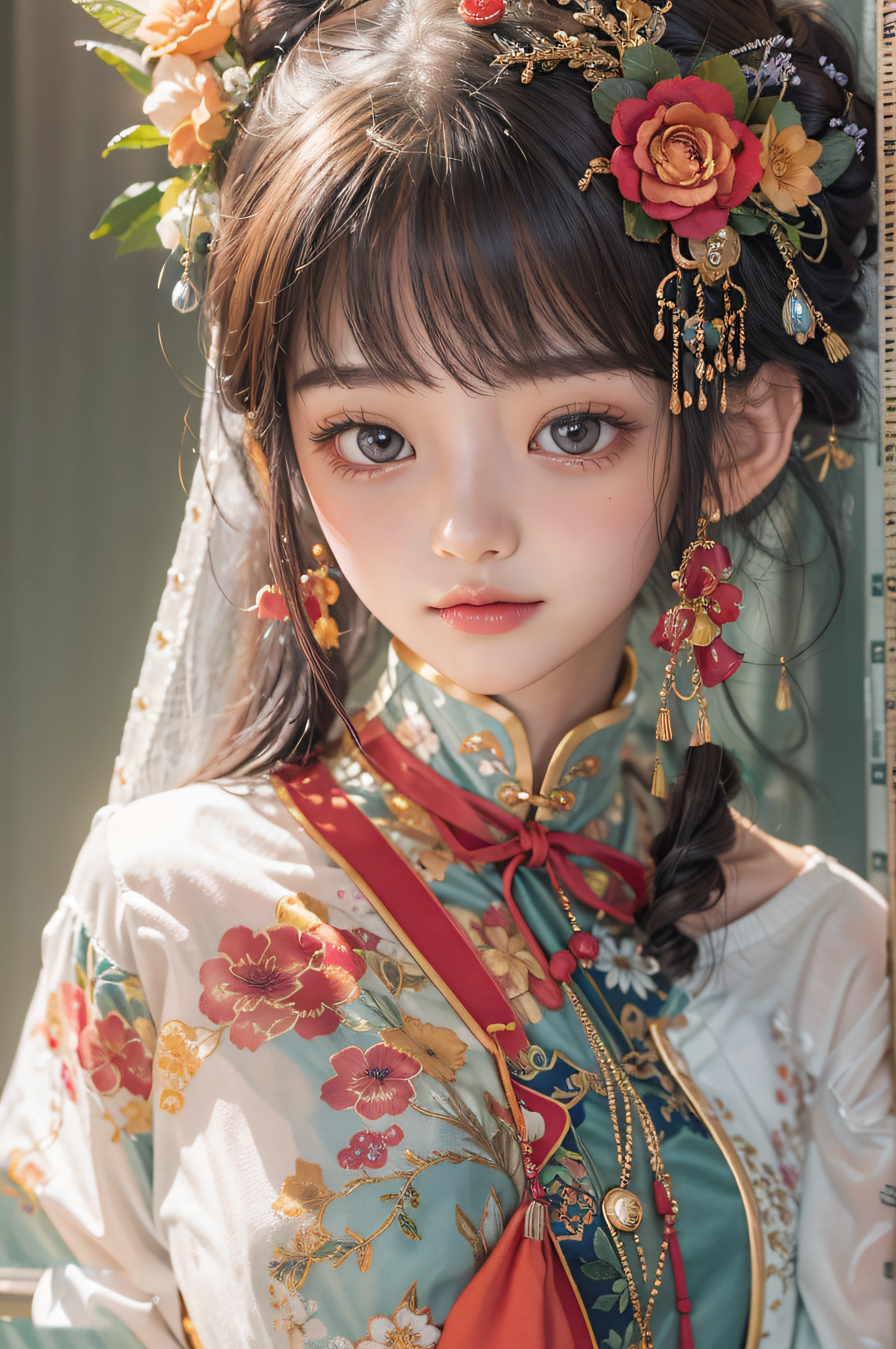 A close up of a woman wearing a floral headpiece and a veil - SeaArt AI