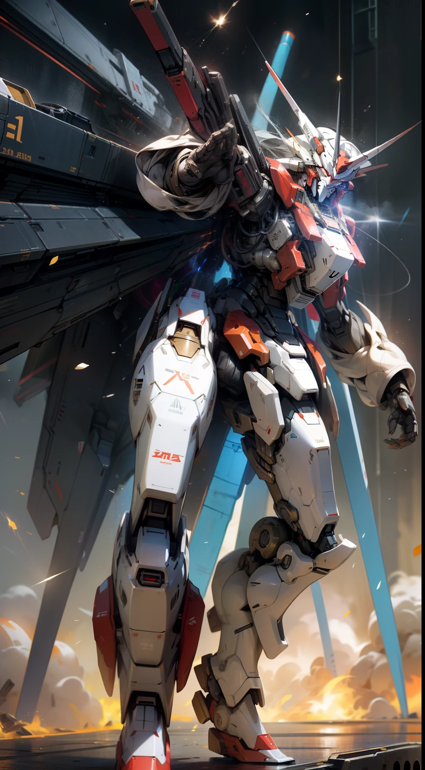 Surrealism, Ray Tracing, Photorealistic, UHD, High Detail, 32k, Best Quality, Textured Skin, Gundam Mecha, Flight, Funnel, Mecha Ship, Masterpiece, Best Quality, Mecha, Unmanned, (Full Body), (Black Mecha: 1.8), (Axisymmetric: 1.4), (HDR), (Movie Light: 1.1), White Eyes, Cool, Science Fiction, Fire, Universe, oversized shield, mecha man overlooking the background of the earth, with laser cannon beams, wars, conflicts, weapons in hand (has a huge weapon: 1.5),