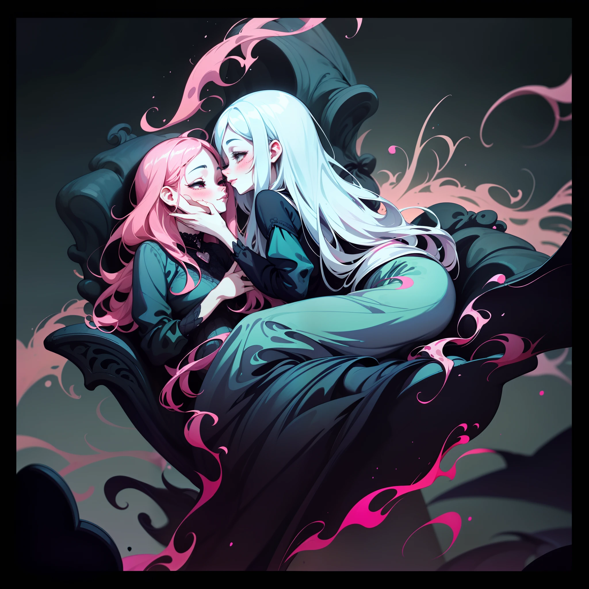 adesivo, fundo simples, retrato, 2 girls, couple, kissing, girl with long hair, girl smilling, gothic aesthetics, beautiful gothic girl, very beautiful fantasy art, beautiful and elegant female gothic, beautiful detailed fantasy, pink and black color palate, pink color-theme