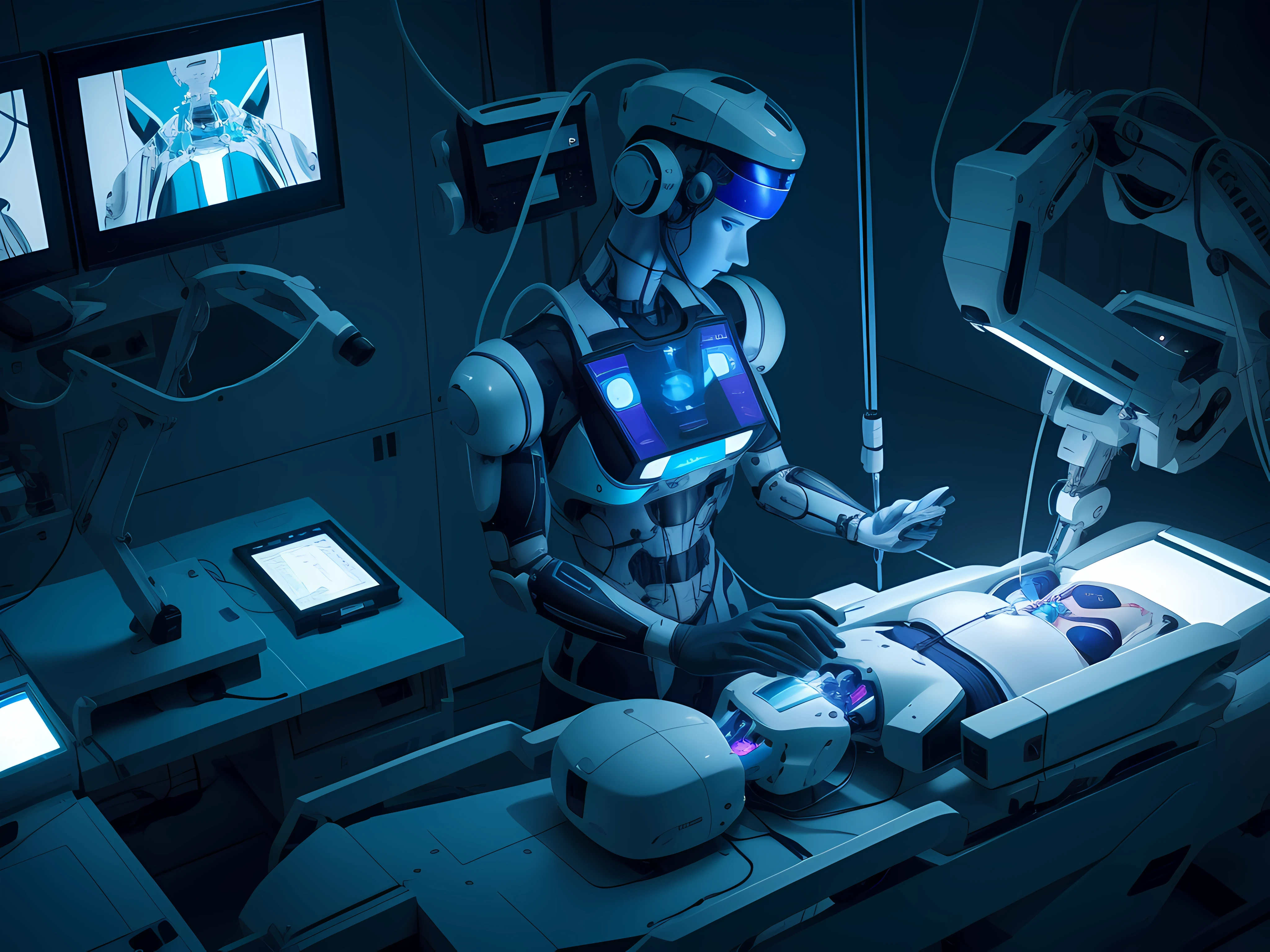 Images of surgeons using robots for advanced medical procedures. Hiperrealista, 8 K, en tonos azules, anaranjados, verdes, violetas.
