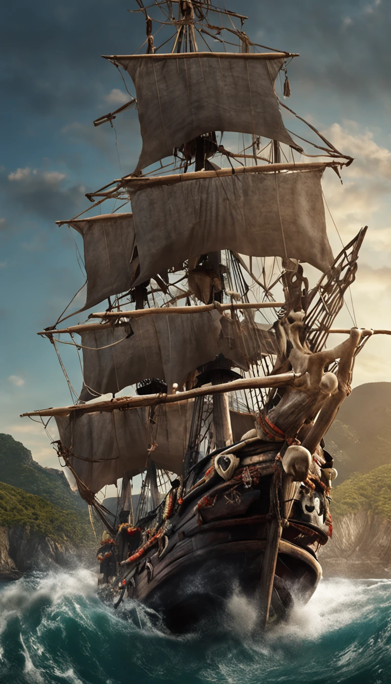 Piratas do Caribe, Aventura Swashbuckling, Action on the high seas, Epic battles, Fugas ousadas, Tesouros escondidos, Mystical curses, luta de espadas, navios piratas, Caribbean scenery, personagens aventureiros, Tabernas encharcadas de rum, ilhas misteriosas, pirate code, Monstros marinhos, guerra naval