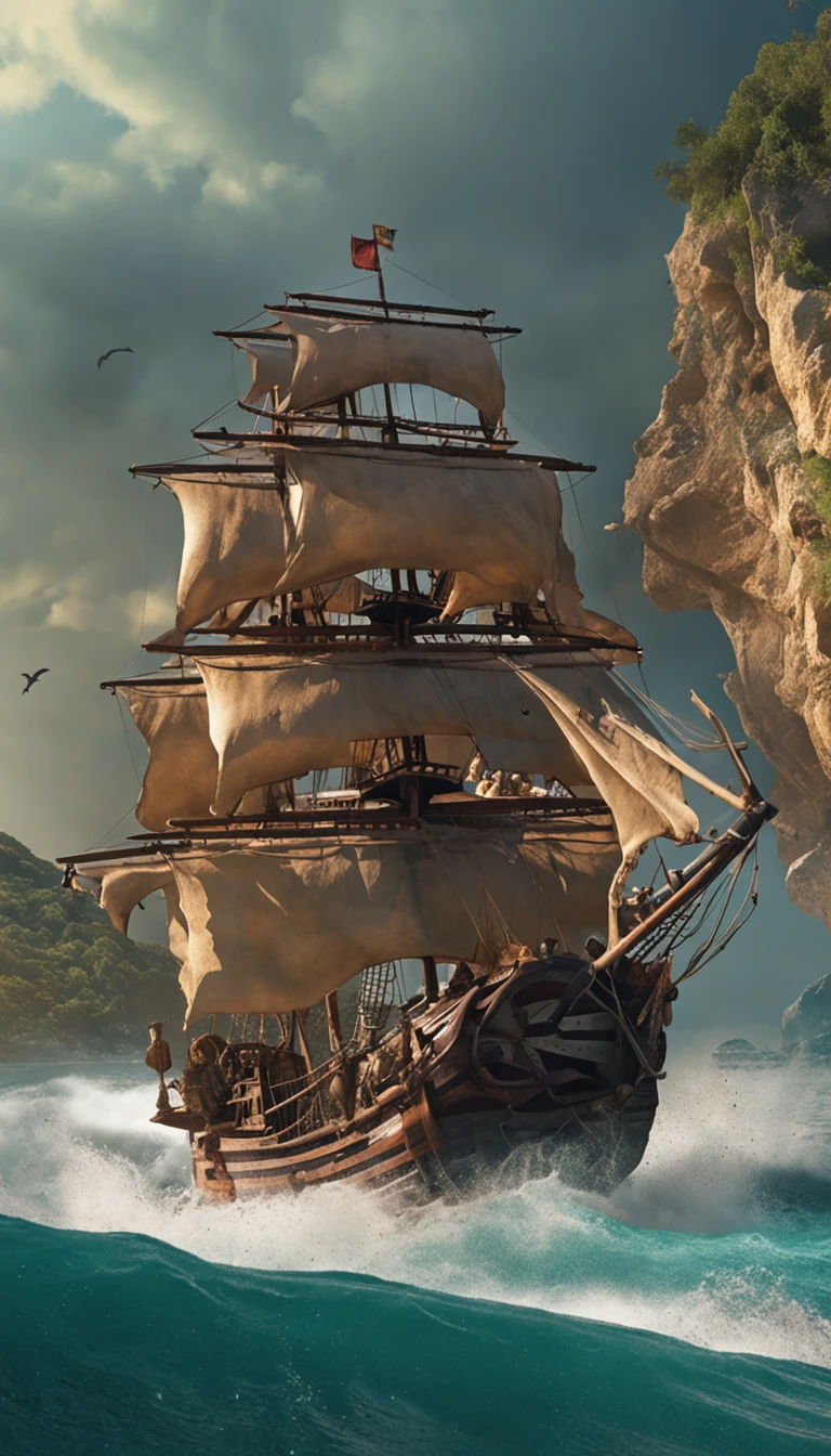 Piratas do Caribe, Aventura Swashbuckling, Action on the high seas, Epic battles, Fugas ousadas, Tesouros escondidos, Mystical curses, luta de espadas, navios piratas, Caribbean scenery, personagens aventureiros, Tabernas encharcadas de rum, ilhas misteriosas, pirate code, Monstros marinhos, guerra naval