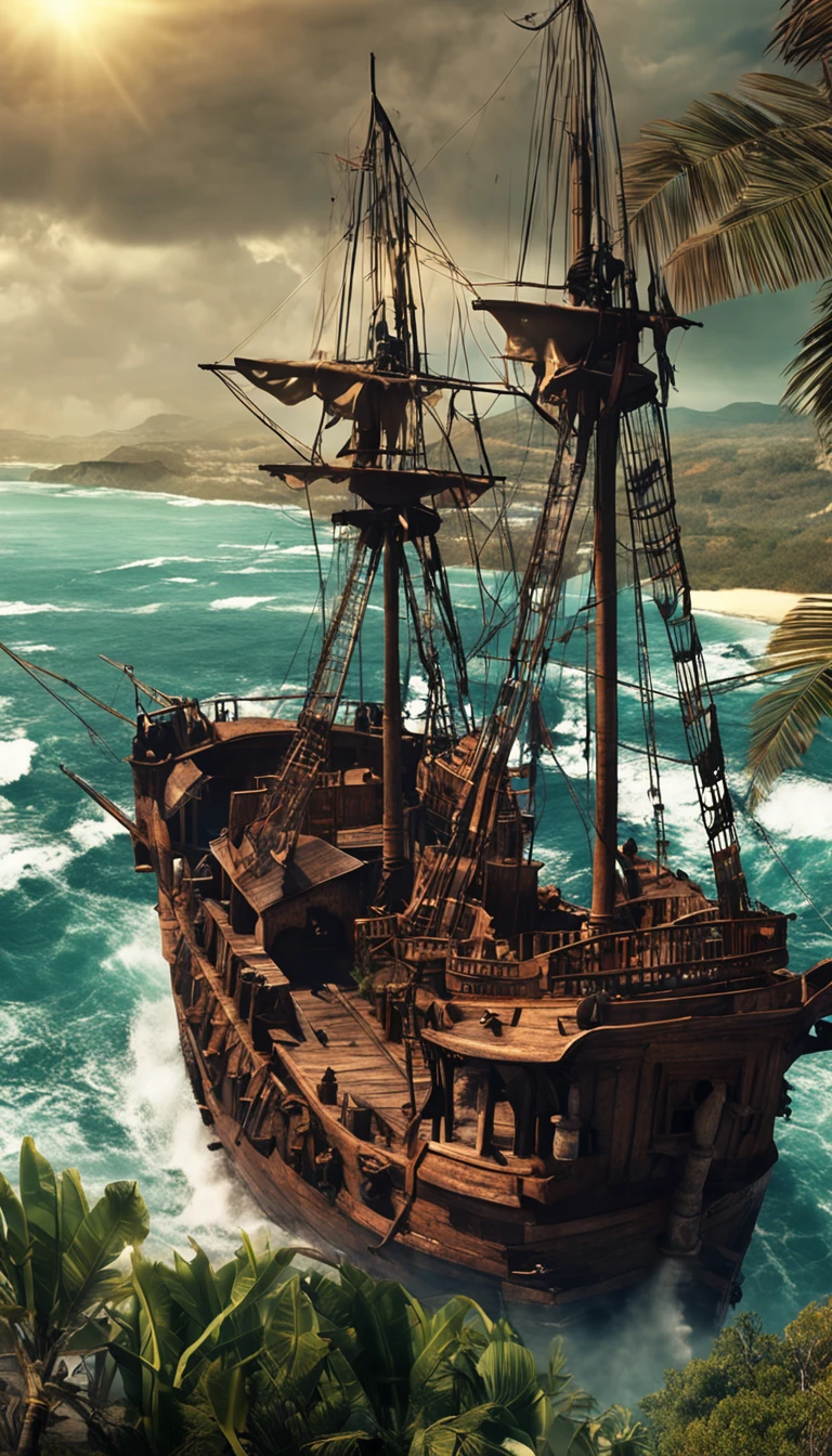 Piratas do Caribe, Aventura Swashbuckling, Action on the high seas, Epic battles, Fugas ousadas, Tesouros escondidos, Mystical curses, luta de espadas, navios piratas, Caribbean scenery, personagens aventureiros, Tabernas encharcadas de rum, ilhas misteriosas, pirate code, Monstros marinhos, guerra naval