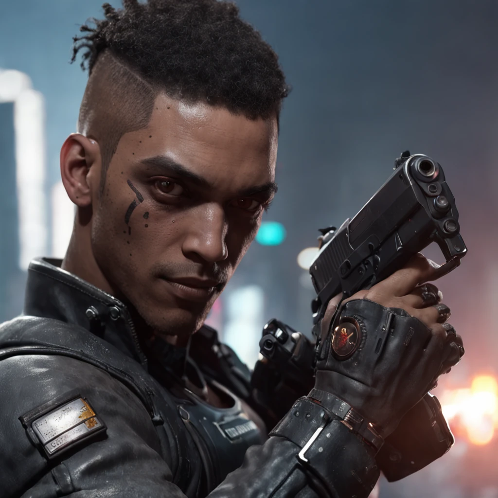 a close up of a person with a gun in a city, cyberpunk art inspired by Cliff Childs, trending on Artstation, afrofuturism, cyberpunk 2 0 7 7 character art, portrait of a cyberpunk man, cyberpunk character art, portrait of a cyberpunk cyborg, cyberpunk dude, cyberpunk character, shadowrun character art, a black cyborg, cyberpunk portrait, cyberpunk digital painting