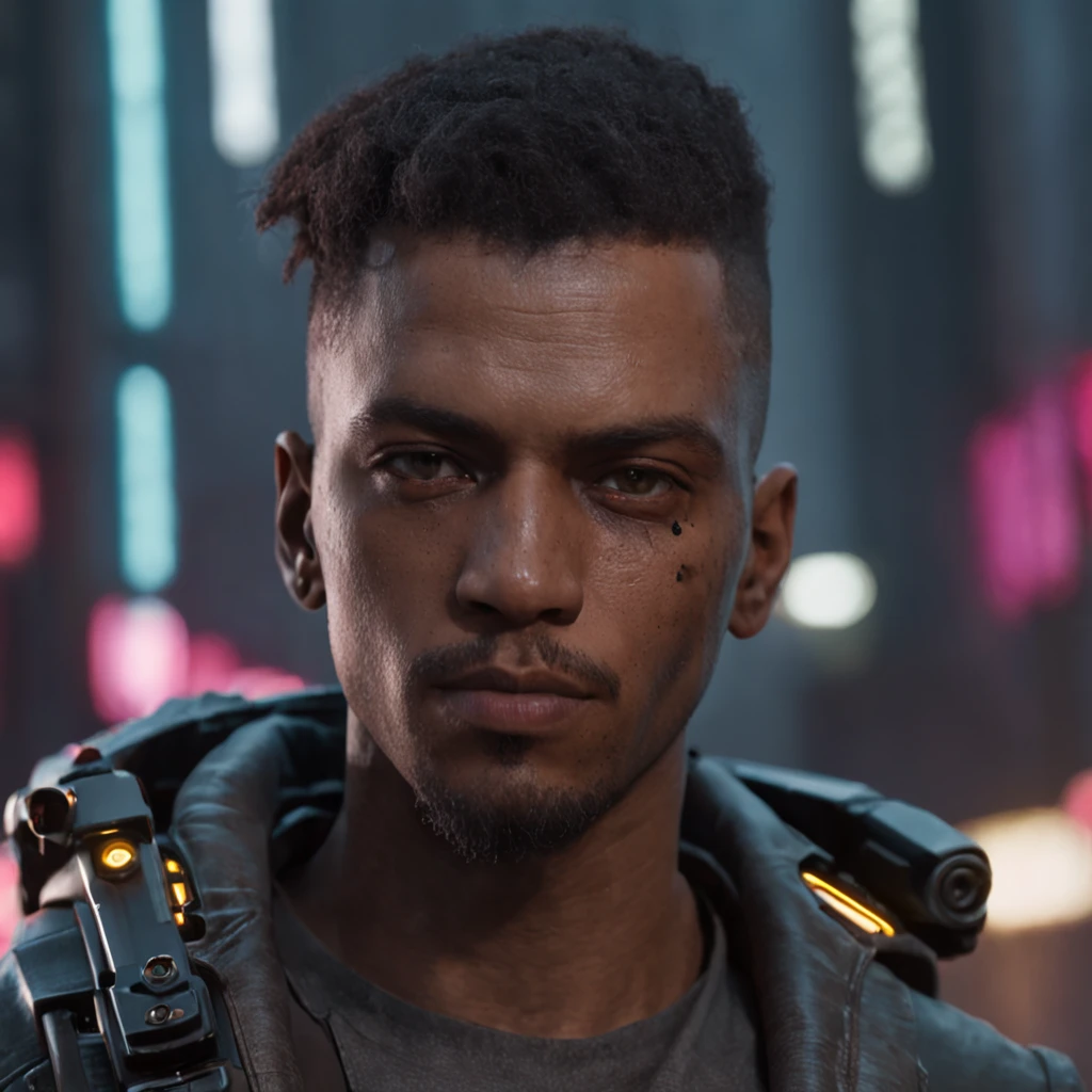 a close up of a person with a gun in a city, cyberpunk art inspired by Cliff Childs, trending on Artstation, afrofuturism, cyberpunk 2 0 7 7 character art, portrait of a cyberpunk man, cyberpunk character art, portrait of a cyberpunk cyborg, cyberpunk dude, cyberpunk character, shadowrun character art, a teen black cyborg, cyberpunk portrait, cyberpunk digital painting