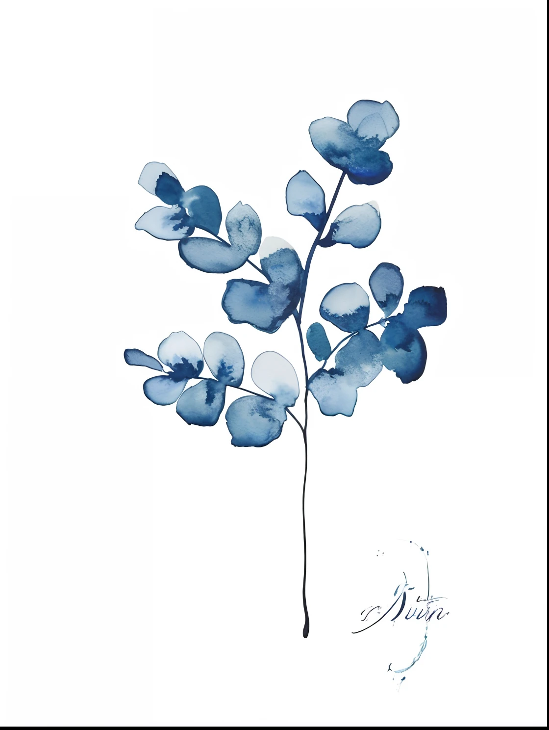 uma pintura em Aquarelaa de uma folha de eucalipto azul em um fundo branco, blue - petals, botanic watercolors, deep blue water color, flores azuis, blue - print, tinta azul, Bonsai Azul, blue print, Aquarela, botanical art, Aquarela simples, tons azuis, adornos azuis, botanical art, tom azul, humor azul, salpicos de cor azul
