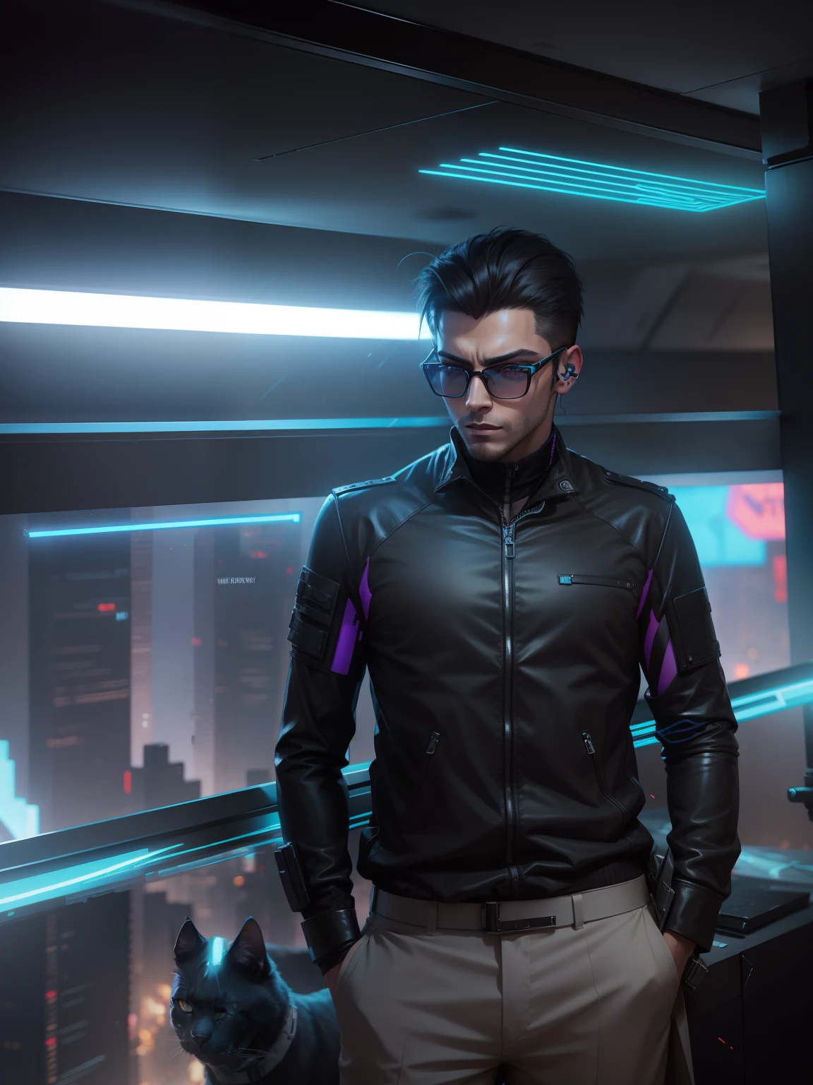 Change background cyberpunk handsome boy, realistic face, 8k, ultra realistic with cat