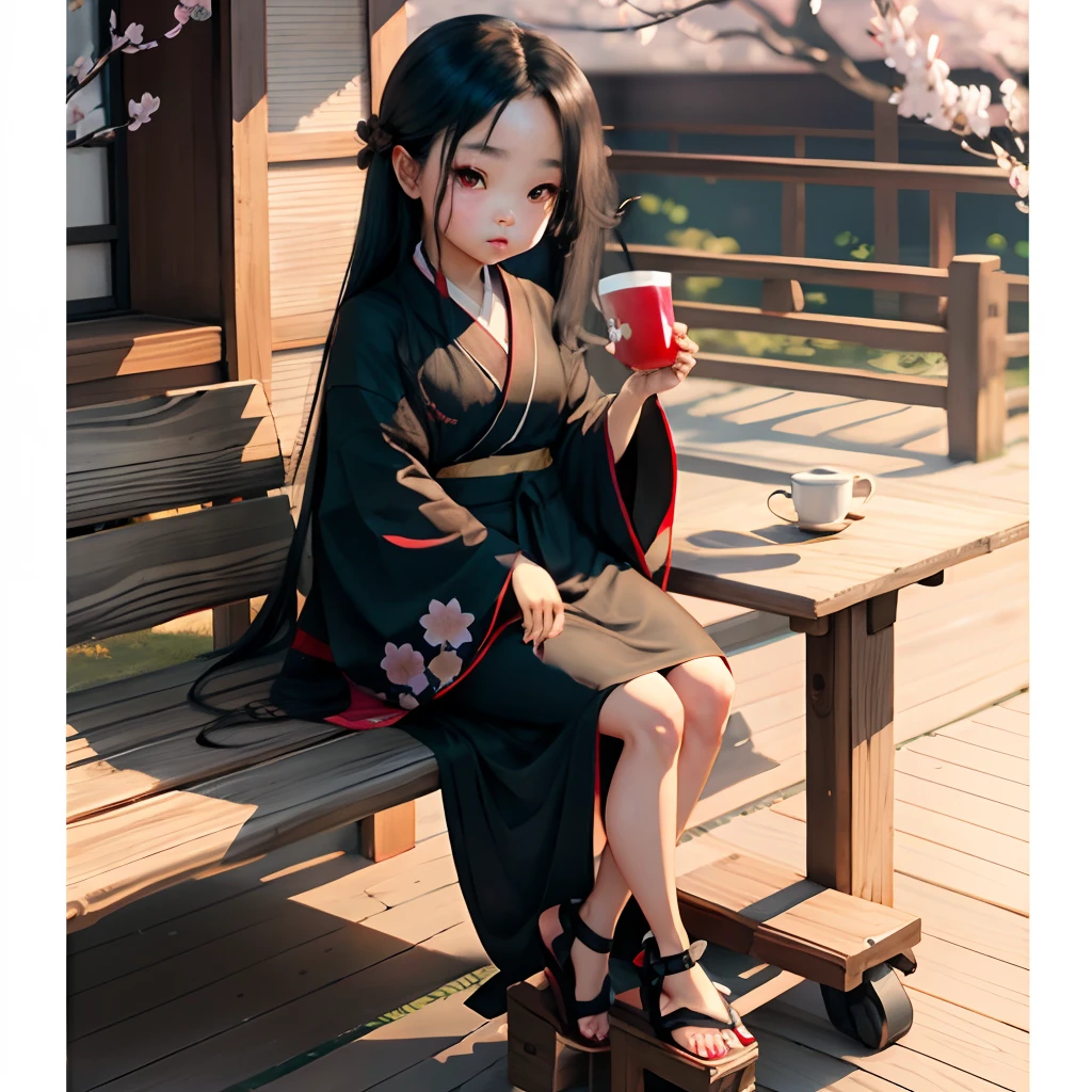 Cute light skinned baby chibi anime, black kimono, drink tea, straight long black hair, in a frame, drink hot tea, cherry blossom, logo, black thick platform sandals