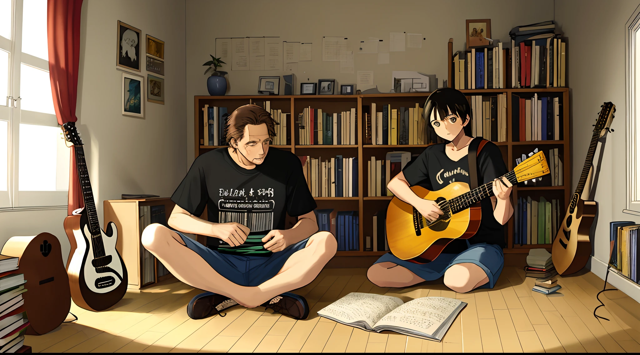 Homem de 40 anos, camiseta preta, sitting on the floor in your room, guitar and books played, triste, Liz que entra pela janela de vidro