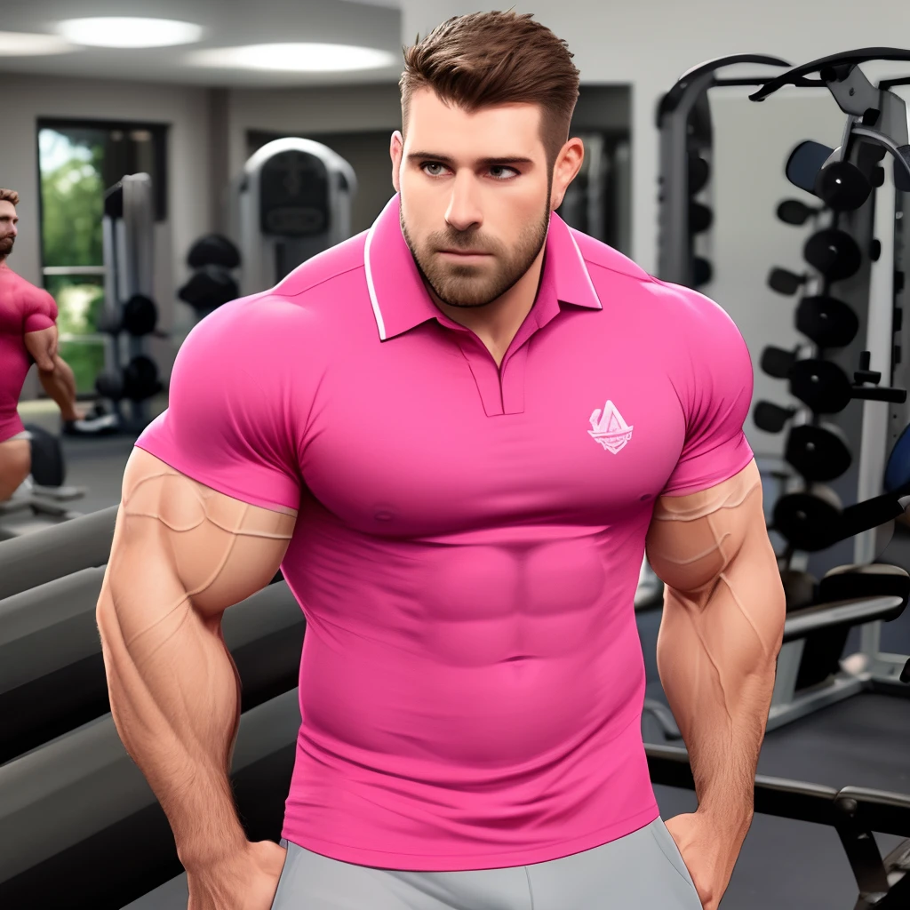Muscle dad , big hairy chest , pink polo shirt , muscular personal trainer , medium hair