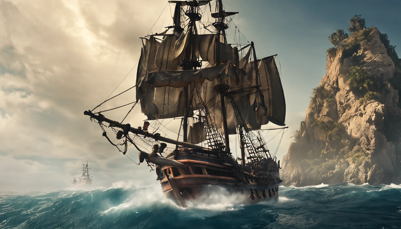 Piratas do Caribe, Aventura Swashbuckling, Action on the high seas, Epic battles, Fugas ousadas, Tesouros Escondidos, Mystical curses, luta de espadas, navios piratas, Caribbean scenery, personagens aventureiros, Tabernas inundadas de rum, ilhas misteriosas, pirate code, Monstros marinhos, Guerra naval