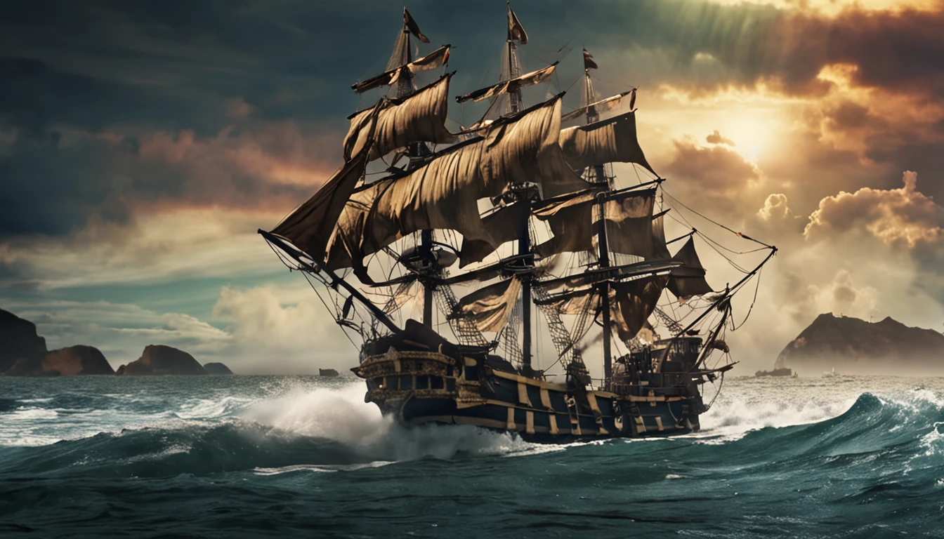 Piratas do Caribe, Aventura Swashbuckling, Action on the high seas, Epic battles, Fugas ousadas, Tesouros Escondidos, Mystical curses, luta de espadas, navios piratas, Caribbean scenery, personagens aventureiros, Tabernas inundadas de rum, ilhas misteriosas, pirate code, Monstros marinhos, Guerra naval