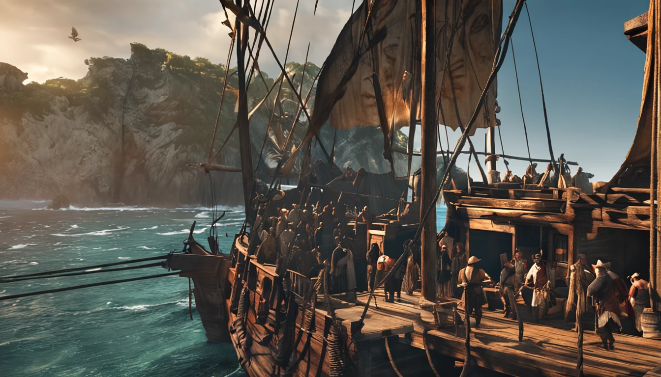 Piratas do Caribe, Aventura Swashbuckling, Action on the high seas, Epic battles, Fugas ousadas, Tesouros Escondidos, Mystical curses, luta de espadas, navios piratas, Caribbean scenery, personagens aventureiros, Tabernas inundadas de rum, ilhas misteriosas, pirate code, Monstros marinhos, Guerra naval