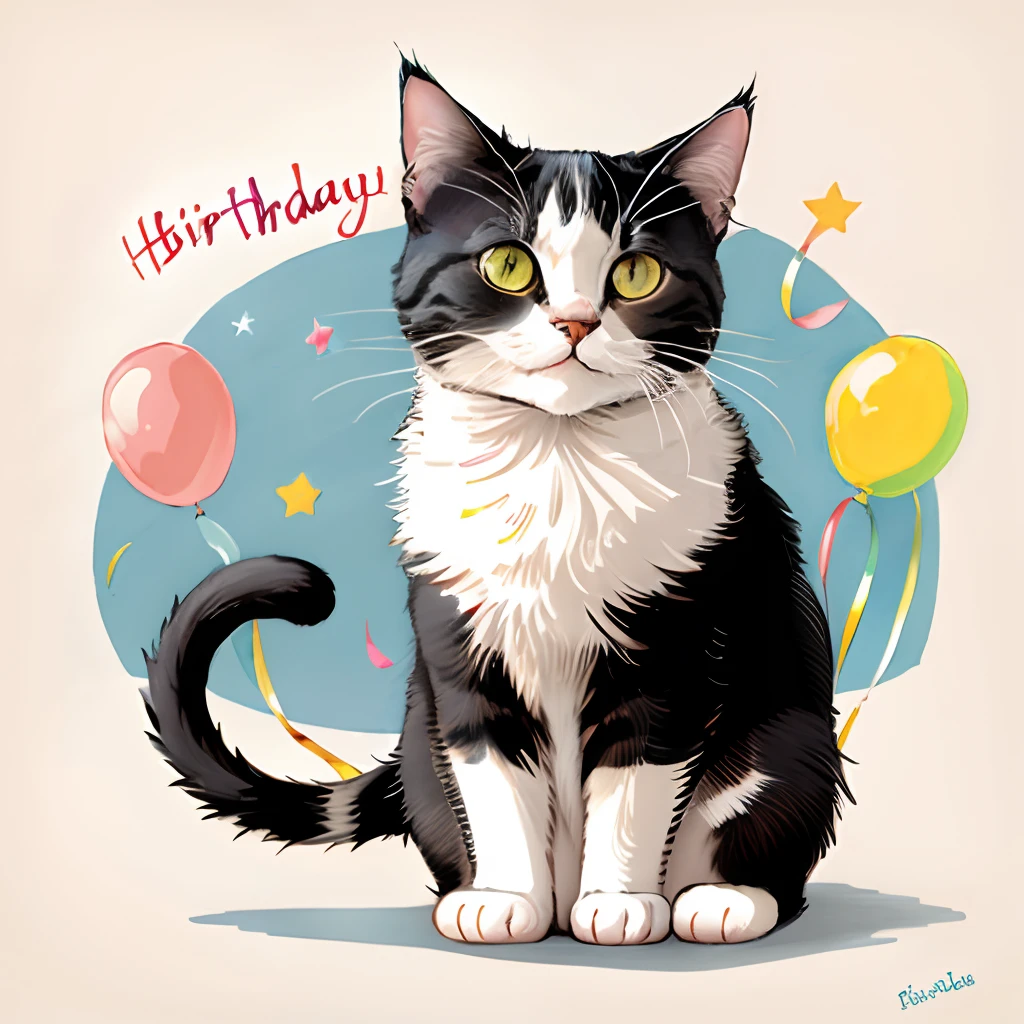 Cat Doodle Style Happy Birthday Cute Wind Pencil drawing