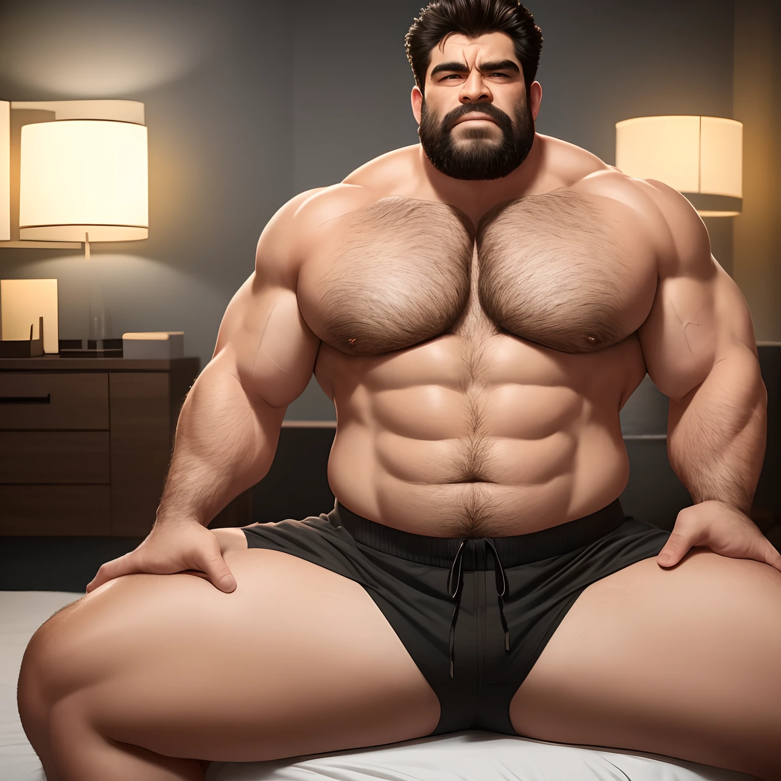Uncle Banner the Hulk in the Avengers,Male uncle,A little bearded,big eyebrows,Strong body,Girl with thick fat chunky physique,Short black hair,黑The eye,pane,The upper body wears a white shirt,The shirt is completely unbuttoned,Exposes the pectorals and abs,The lower body is wearing khaki pants,There is chest hair,The arms are hairy,Thick hairs on the calves,Body hair on the buttocks,sit on a bed,Spread your legs,Legs raised,Expose the thick soles of your feet,Wrap your hands around your thighs,Butt forward,Sweaty face,Covered in sweat,The expression is shy