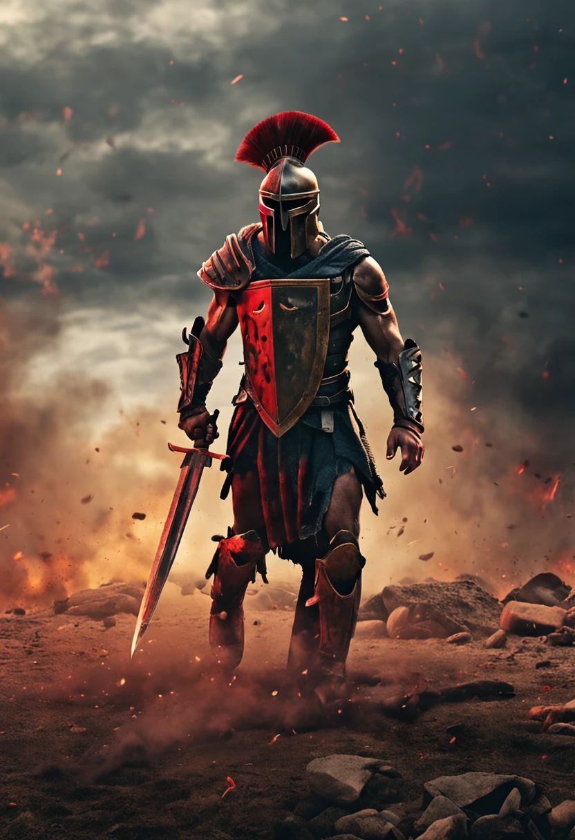 spartan warrior, dying on battlefield , bloody armor, epic, 8k