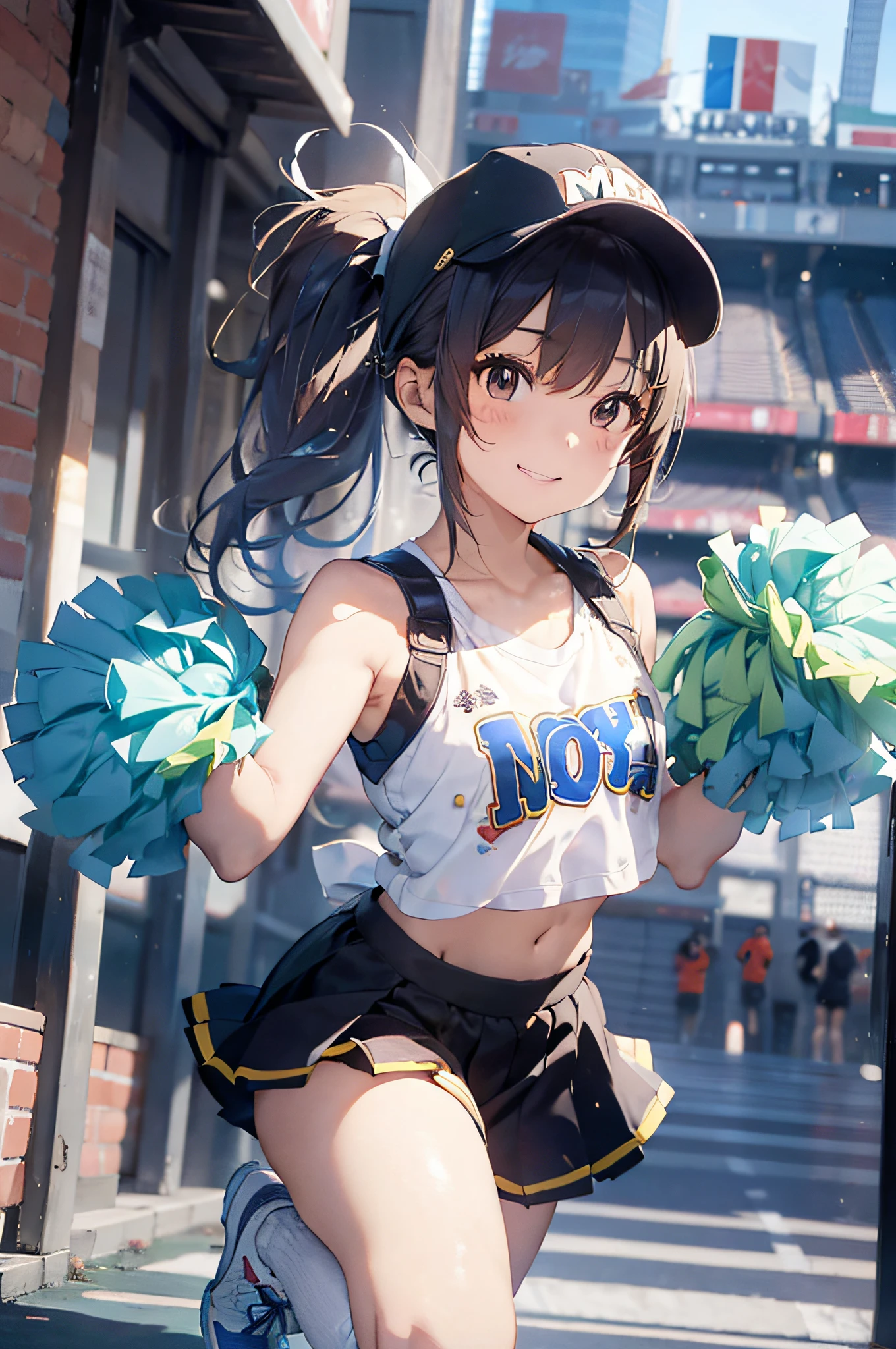 （cheerleaders:1.3）、(stadio:1.5)、(tiny chest:1.4)、Raw photography, top-quality, hight resolution, (​masterpiece), (Photorealsitic:1.4), Anime Cosplay, foco nítido, nffsw, 8K分辨率, intricate detailes, depth of fields, the Extremely Detailed CG Unity 8K Wallpapers, front lit, girl with, Smile、(A slender:1.5)、Wear a baseball cap on your head、see -through、Cheerleading pom-poms in hand、Squatting、I can see my panties、Wearing a yellow sleeveless shirt and blue miniskirt、