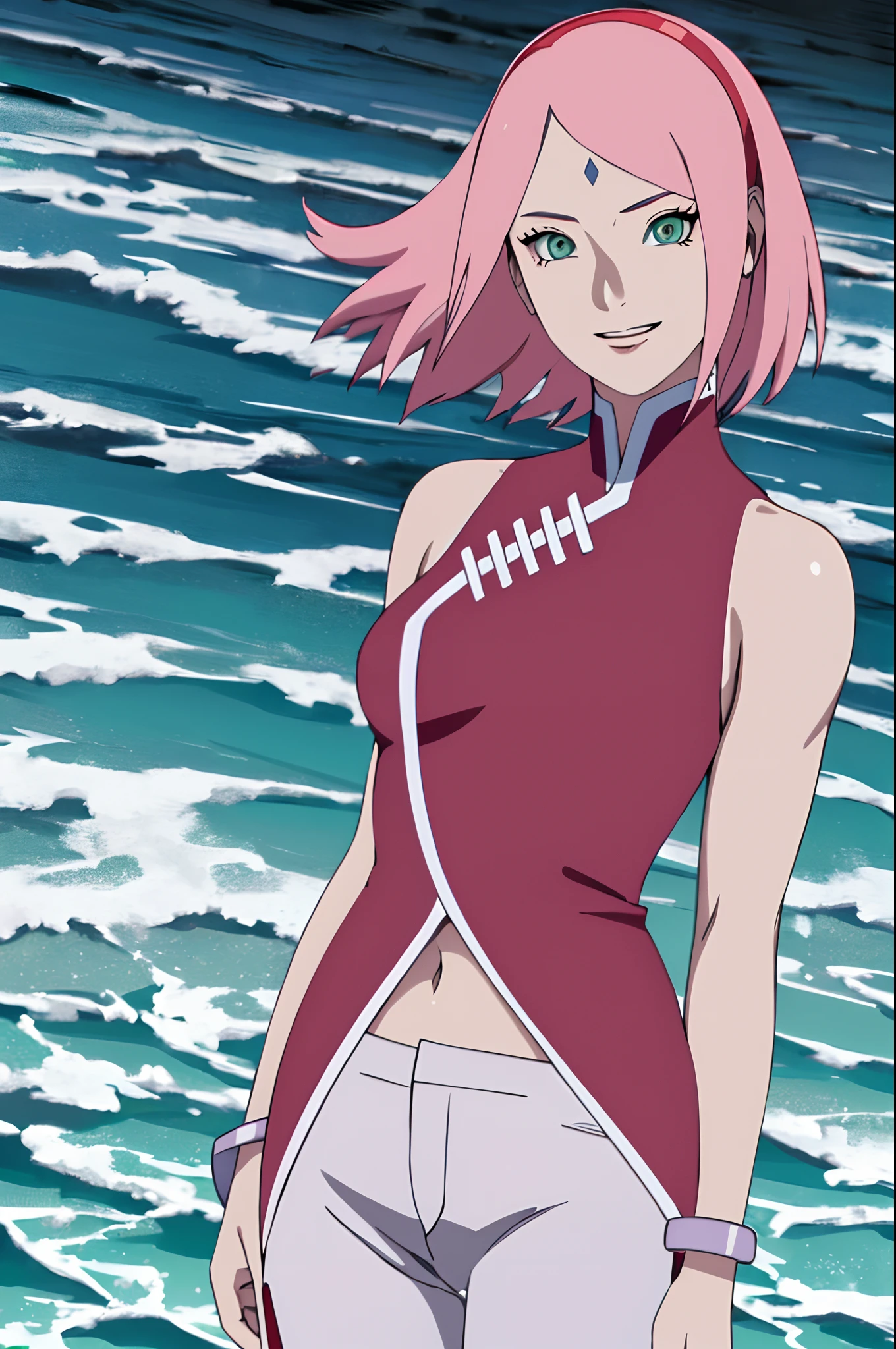 (masterpiece, 8k, anime style, hand drawing, vector coloring, portrait, face shot, professional artwork, detailed beachside background, intricate details, colorful, bold drawing lines), (ultra detailed body, ultra detail hair, ultra detail face, attractive, seductive, happy, open mouth, dirty armpits, raised eyebrows), trending on pixiv, kind smile, very hot color, best quality, 1girl, hires, haruno sakura, contrasty lighting, (forehead mark, milf, red hairband, pale skin, short hair, ((red sleeveless dress), white pants), navel, belly button, groin, bracelet, looking at viewer, pink hair, green eyes, perfect eyes, white sciera, anime eyes, smoky eyeliner, eyeshadow, perfect face, smile, beach, wind, detailed arms, off-shoulders, muscular arms, standing), sunnyday