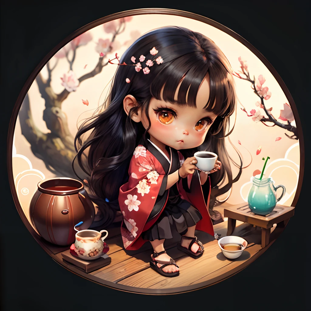 Cute brown skinned baby chibi anime, black kimono, drink tea, straight long black hair, in a frame, drink hot tea, cherry blossom, logo, black thick platform sandals