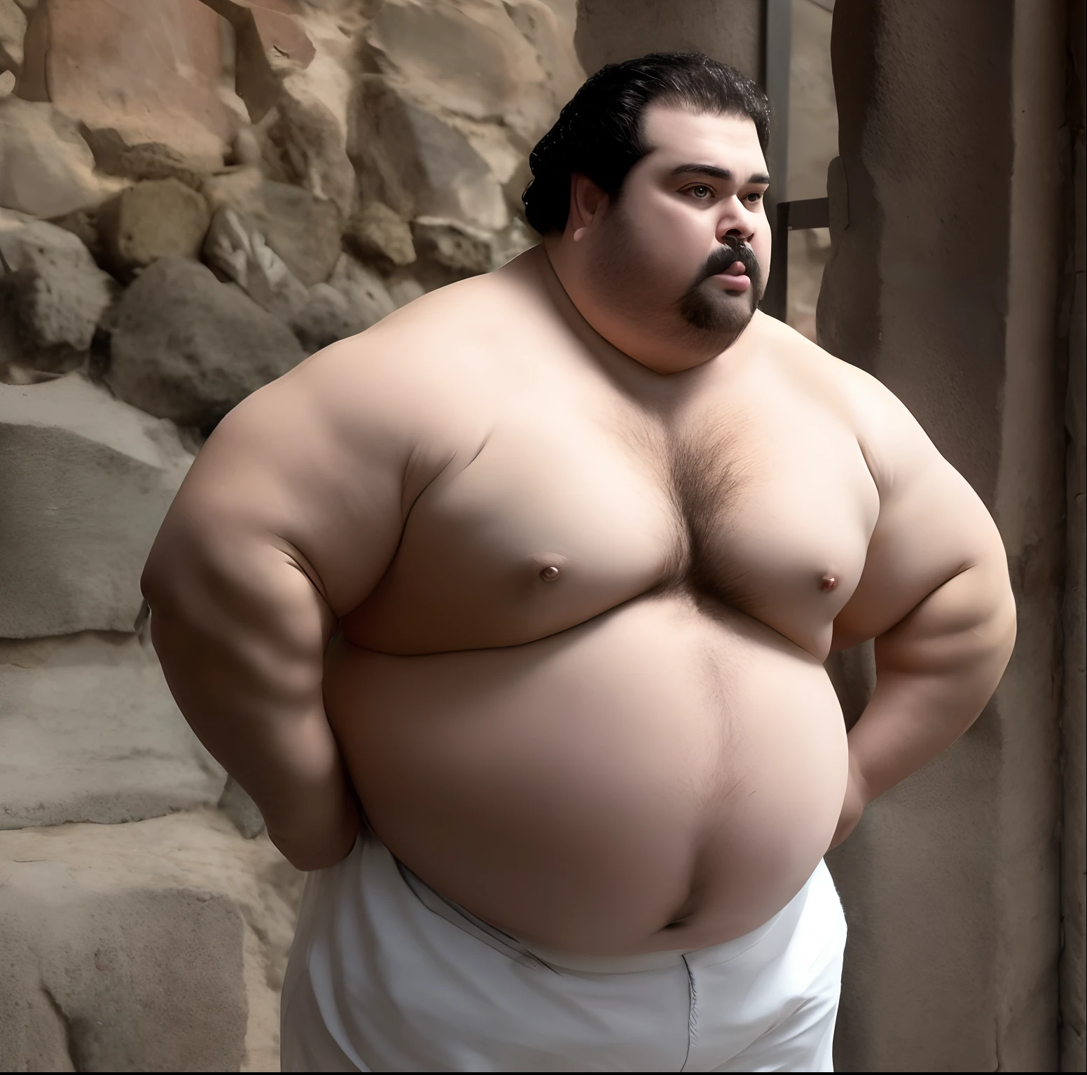 One does not hang at all,A fat man with muscular body and chest hair