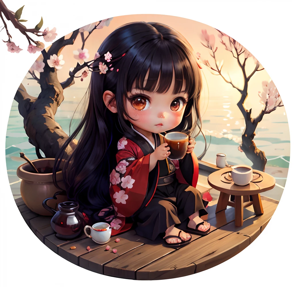 Cute brown skinned baby chibi anime, black kimono, drink tea, straight long black hair, in a frame, drink hot tea, cherry blossom, logo, black thick platform sandals