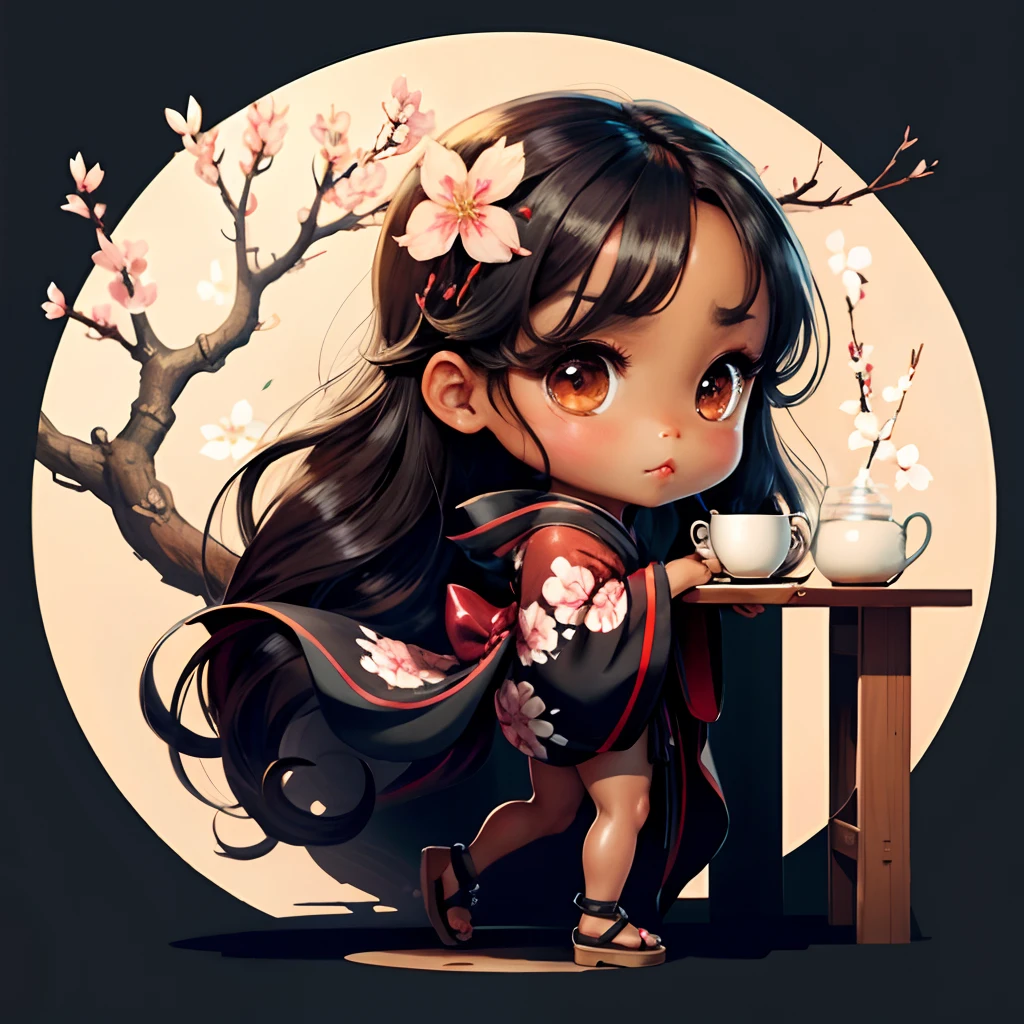 Cute brown skinned baby chibi anime, black kimono, drink tea, straight long black hair, in a frame, drink hot tea, cherry blossom, logo, black thick platform sandals