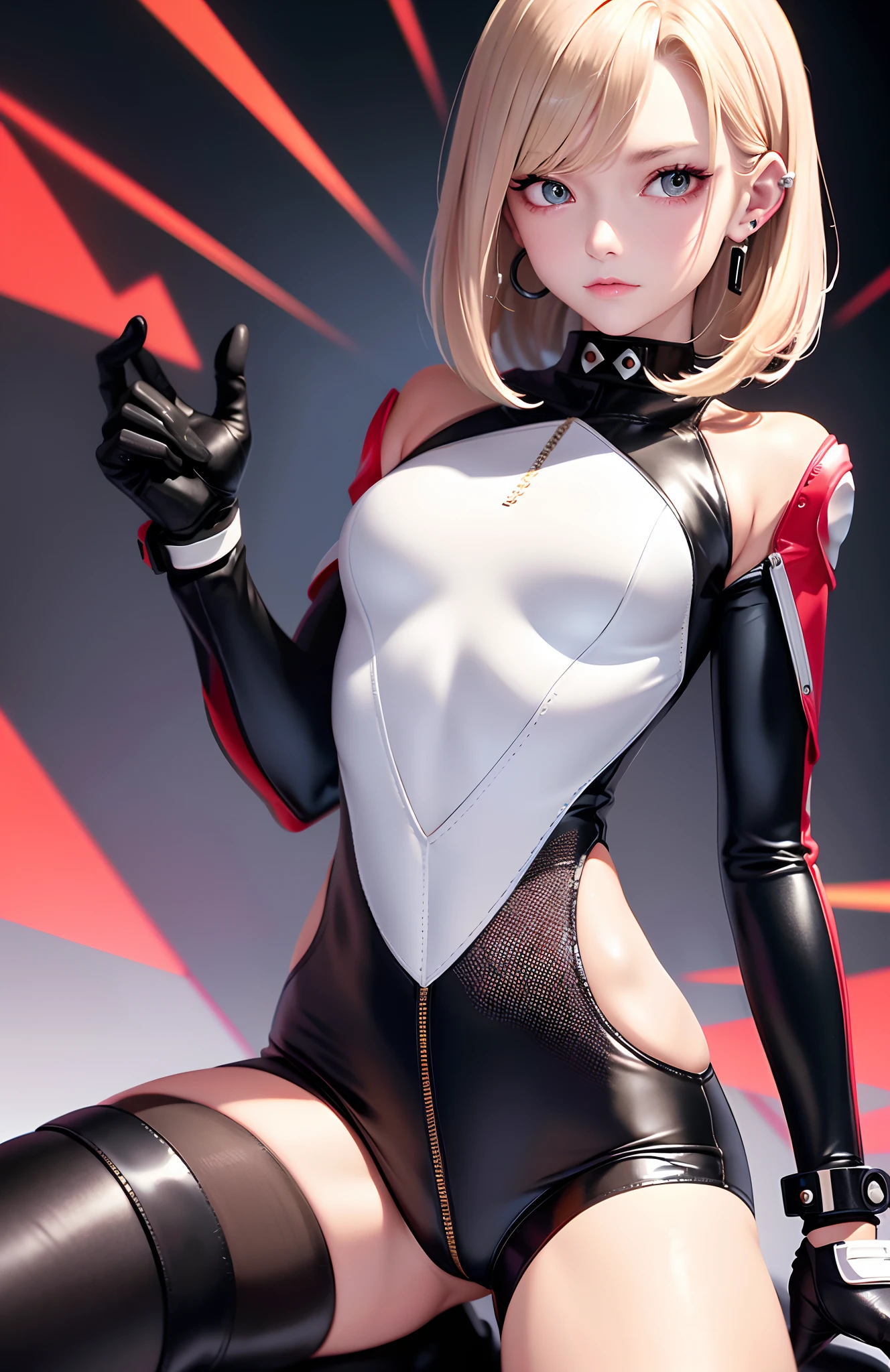 optimum,tmasterpiece,A high resolution,best qualtiy,hyper HD,super detailing,Award-Awarded,16k,独奏,(The upper part of the body),anatomy correct,Beautiful cyberpunk girl,cute face,,Gradient Beige Hair,Hairline,((Scarlet eyes)),long eyelasher,Hanging eye corners,White skin of the,(small boobs),(Slim body),((Women's extra short shawl leather jacket)),((bikesuit)),ear studs,(neck rings),(Laser material clothing:1.2)
