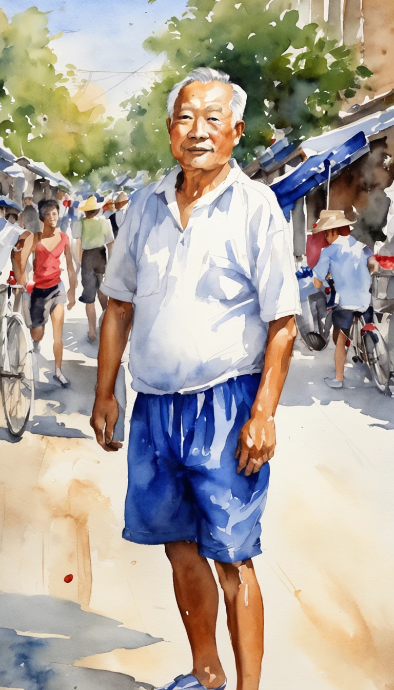 On the sidewalk stood a Chinese man in blue shorts。。, age 55,Inspired by the portrait of Yves Klein, shutter inventory, Photorealism, Blue shorts, Bare-chested shoulders, Short middle-aged man, sweat shorts,, is wearing a shorts, Athletic shorts, Short shorts, is wearing a shorts