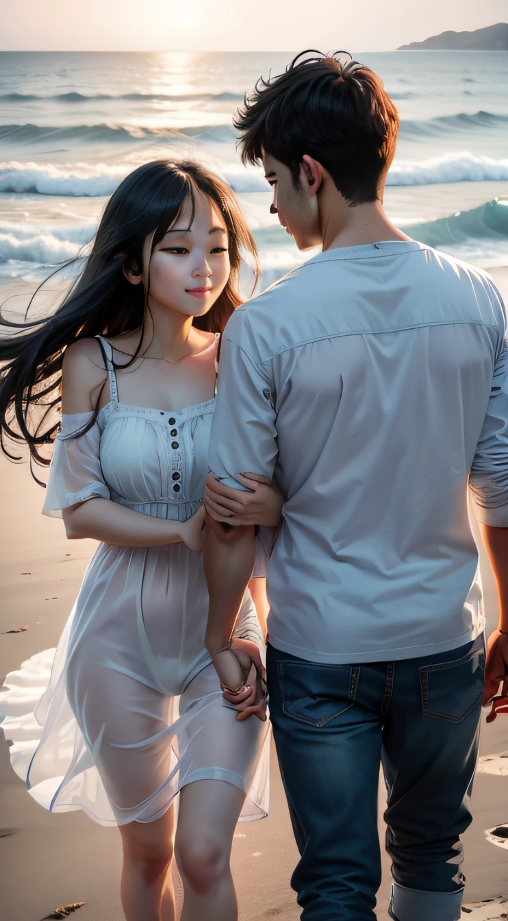 A young couple strolling by the beautiful seaside。They snuggle up to each other,Hand in hand,Facing the sea,The sea breeze blew on their faces。Their clothes fluttered in the wind,It creates a romantic and welcoming atmosphere。The background can be a beautiful beach,Or a quiet seaside town。It can create a relaxed and pleasant atmosphere for the picture。
