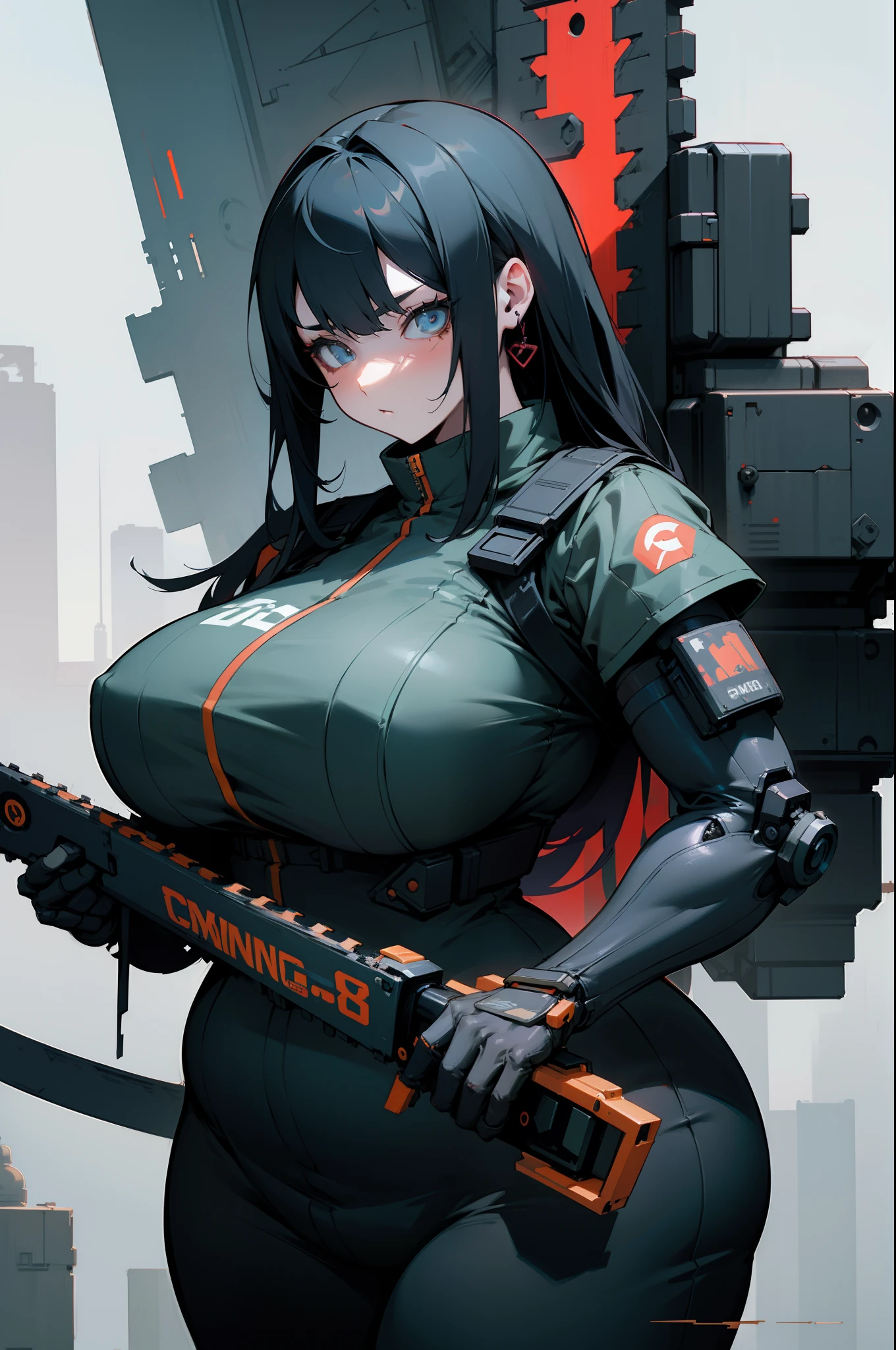anime girl with a chainsaw and a gun in her hand, cyberpunk art by Shitao, pixiv contest winner, auto-destructive art, oppai cyberpunk, thicc, heavy detailed, (sfw) safe for work, heavy looking, biomechanical oppai, giantess art, badass anime 8 k, thicc build, highly detailed giantess shot