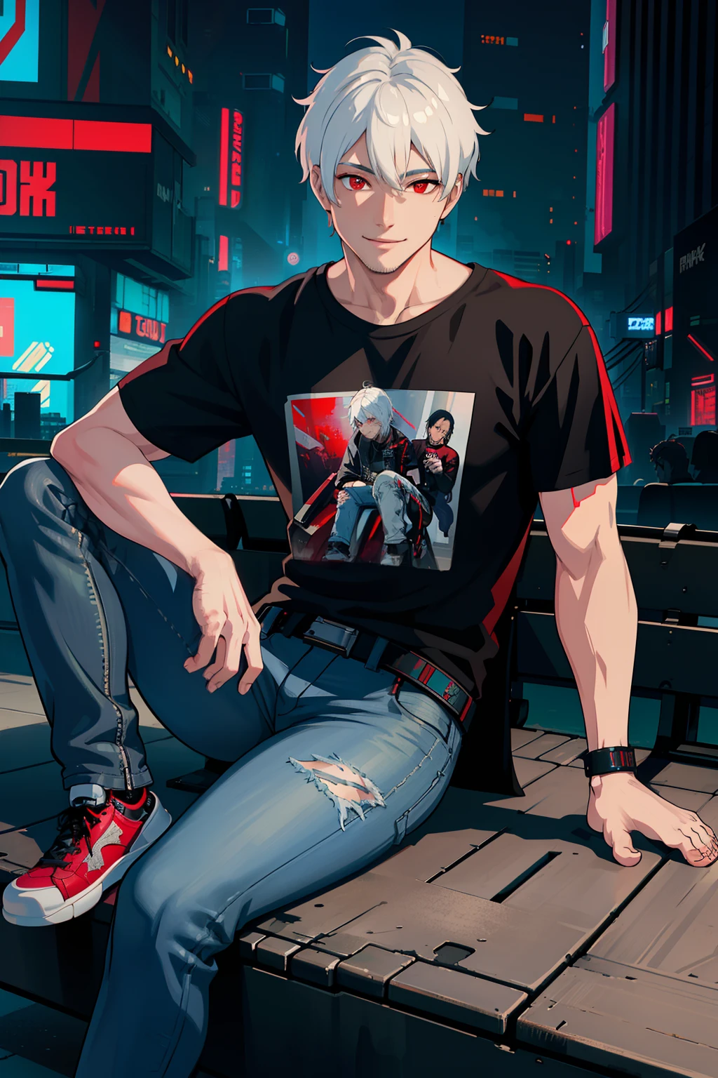 masterpiece, high quality, best quality, beautiful, hd, realistic, perfect lighting, detailed face, detailed body, 1 man, (white hair), red eyes, manly, (brutal), black t-shirt, jeans, sitting on a bench,  ((cyberpunk)), (fog), smile