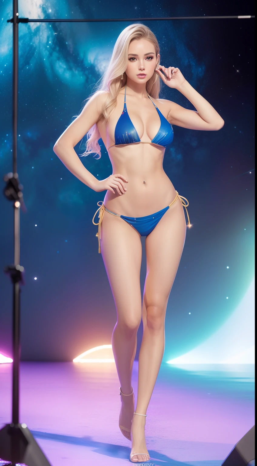 ((full body)), (8K, Best Quality, masterpiece), (Realistic, Photorealsitic), of the highest quality, masterpiece, Beautuful Galaxian female,  adult female, Miss Galaxy, (((in bikini, thin abs))),  (((on the stage))), Small bust, slender, wavy blonde hair,