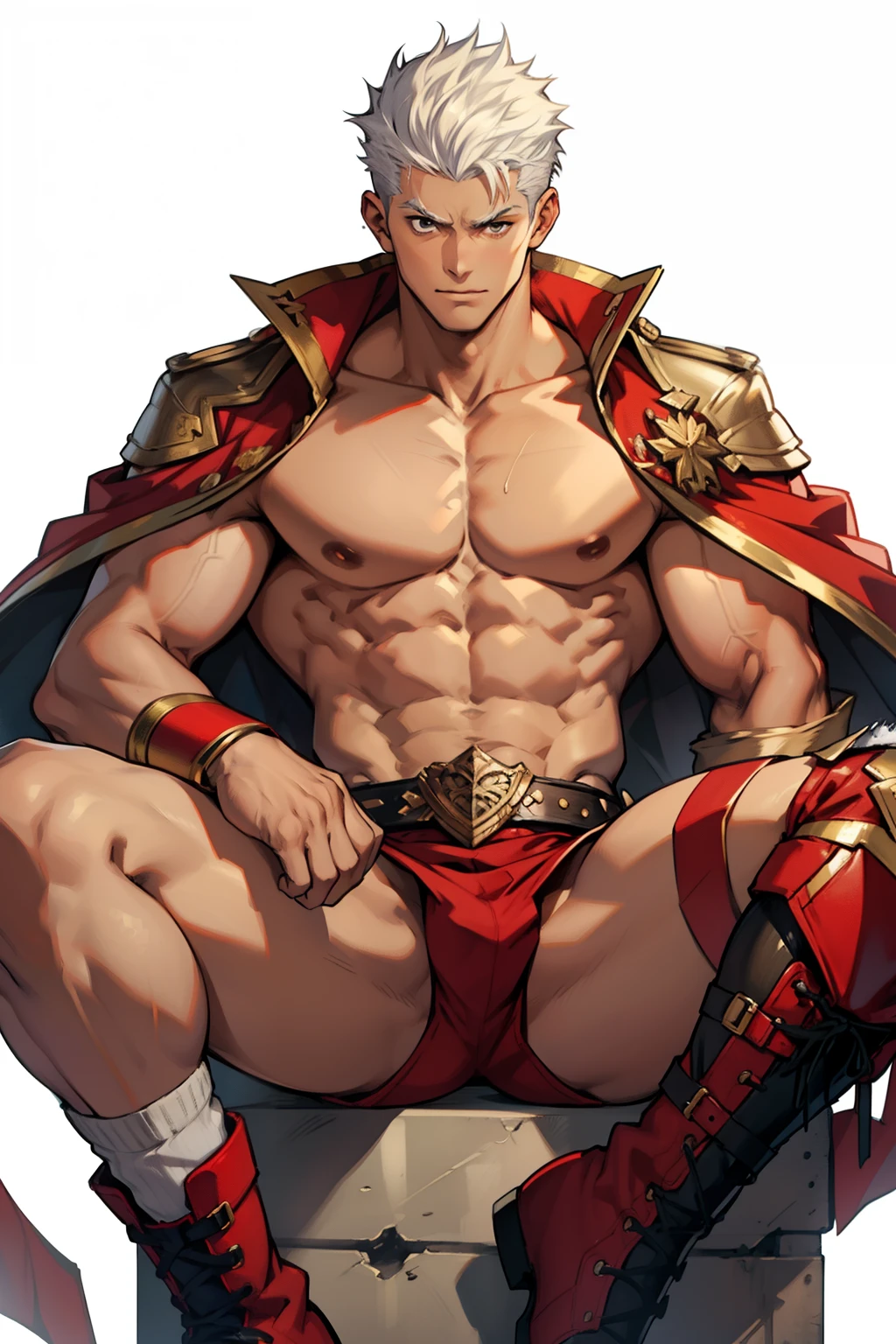 Highest image quality，male people，，1 boy，Young and handsome，shoun，White color hair，Short flat top hair，Dark  skin，anime big breast，anime wallpaper，Solo，malefocus，Briefs，Dilation of the pectoral muscles，Red cape，Bulging crotch，Urban background，spread their legs，Sexy,(Masterpiece, Best quality),Long white socks，Red Martin boots，