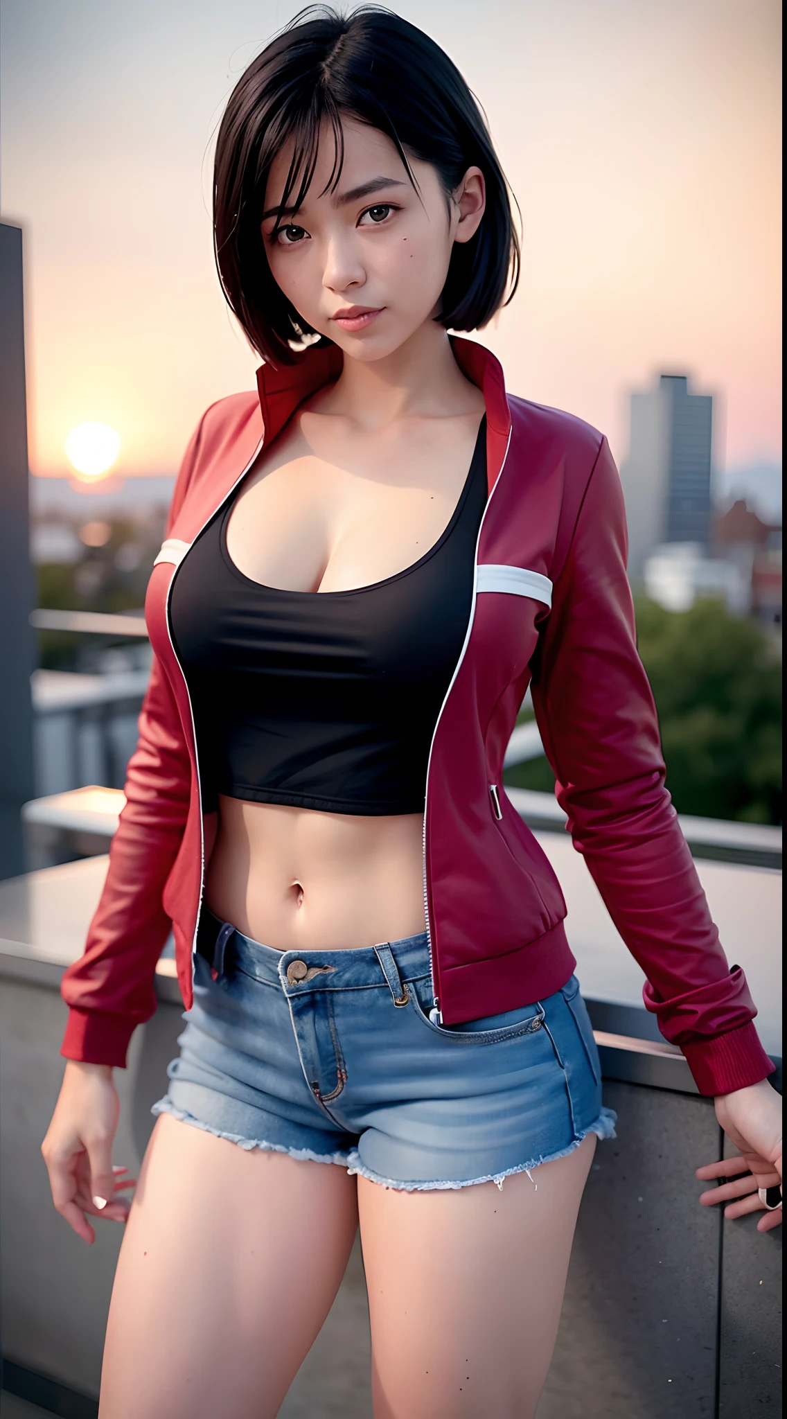 5uguh4, 1girl, solo, (realistic:0.5), masterpiece, solo, (best quality, perfect detailed, beautifully detailed face, detailed eyes), glistening shiny, ray tracing, DOF, HDR, gradient eyes, sharp eyelashes, ((eyelashes)), mascara, detail_face, eyelashes, shiny hair, flirting, seductive smile, parted lips, large breasts, cleavage, navel, (soft particles floating:1.1), ((looking at viewer)), (playmate pose:1.1), (full body:1.1), ((8k wallpaper)), ((highres)), breasts, shorts, kirigaya suguha, black hair, short hair, jacket, open clothes, open jacket, short shorts, shirt, smile, looking at viewer, track jacket, collarbone, open mouth, black eyes, midriff, standing, (red jacket:1.2), black shirt, blurry, blue shorts, depth of field, bangs, long sleeves, (blue sky:1.3), (city background:1.3)